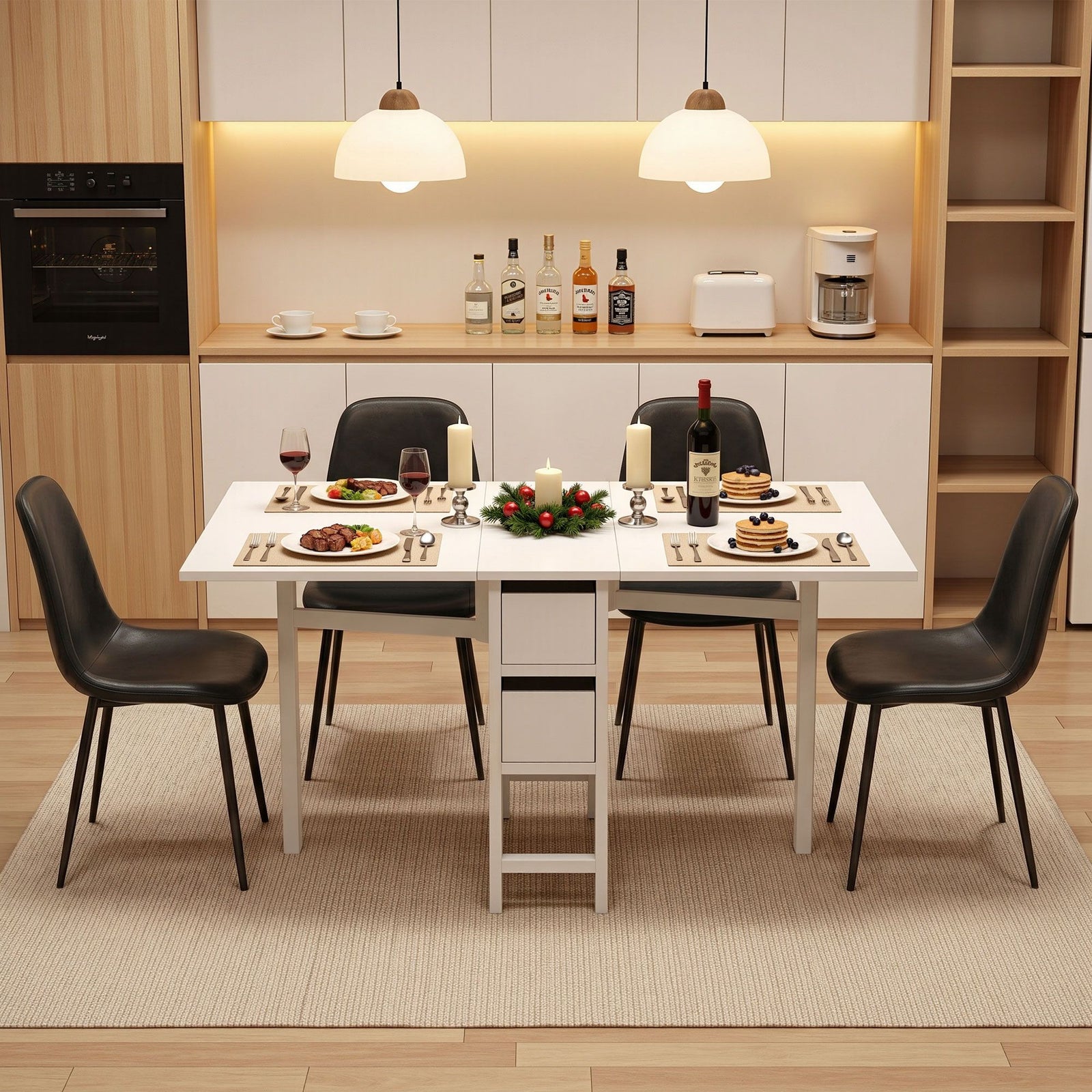 Gateleg Folding Dining Set – 4 Chairs, 150cm Extendable Table, White/Black