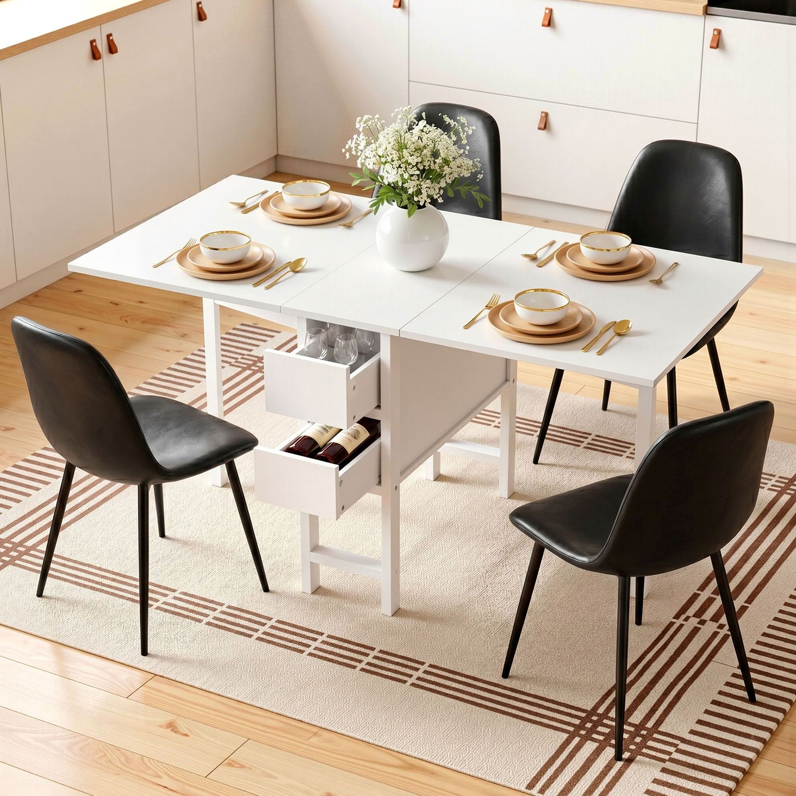 Gateleg Folding Dining Set – 4 Chairs, 150cm Extendable Table, White/Black