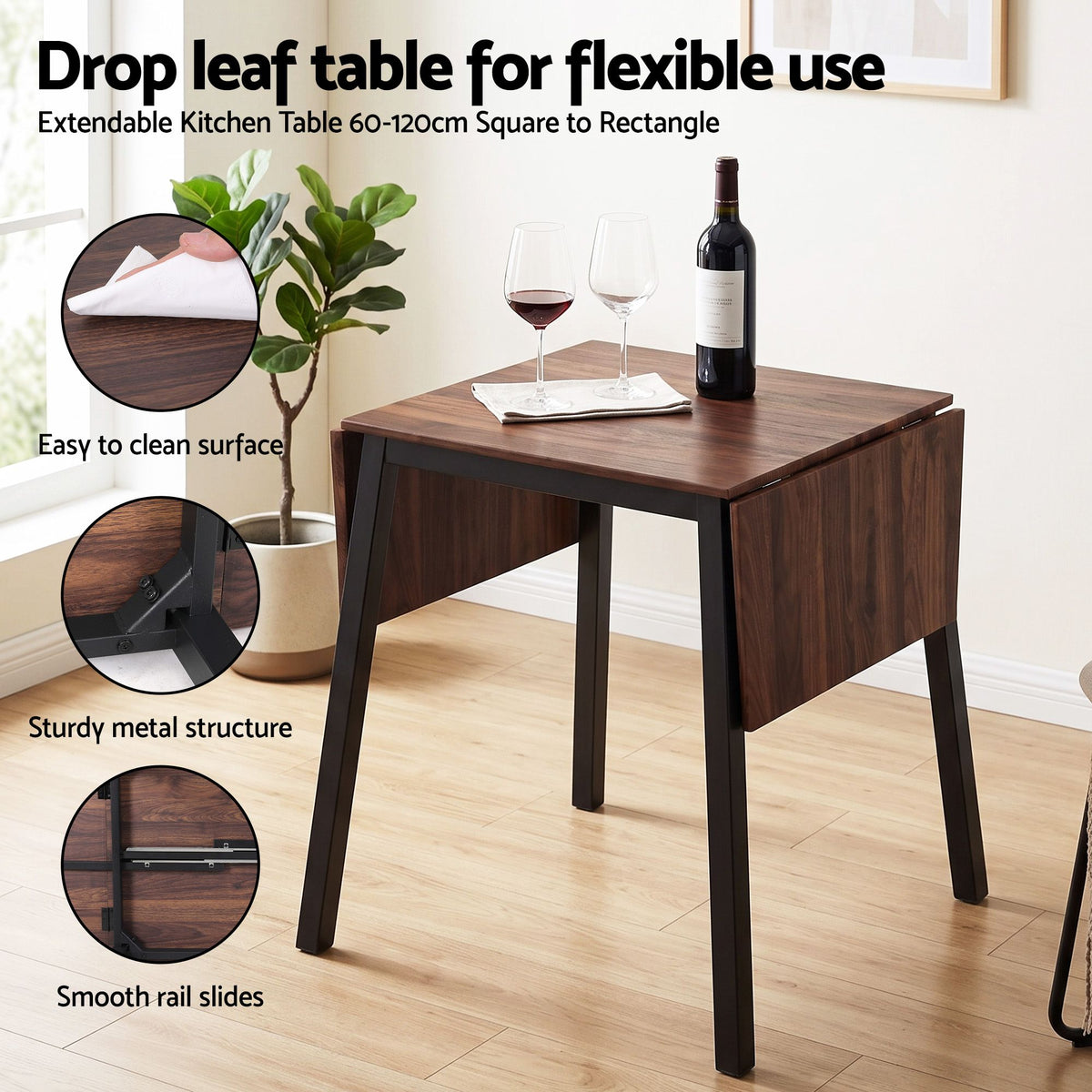 Dining Table and Chairs Set 5pcs with Extendable 60-120cm Drop-Leaf Table Brown