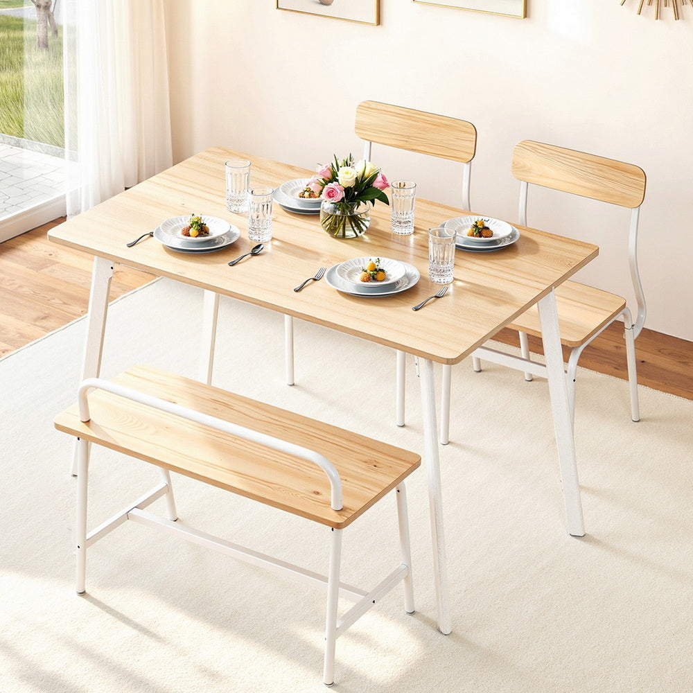 Dining Table and Chairs Set of 4 Bench Kitchen Furniture Natural and White