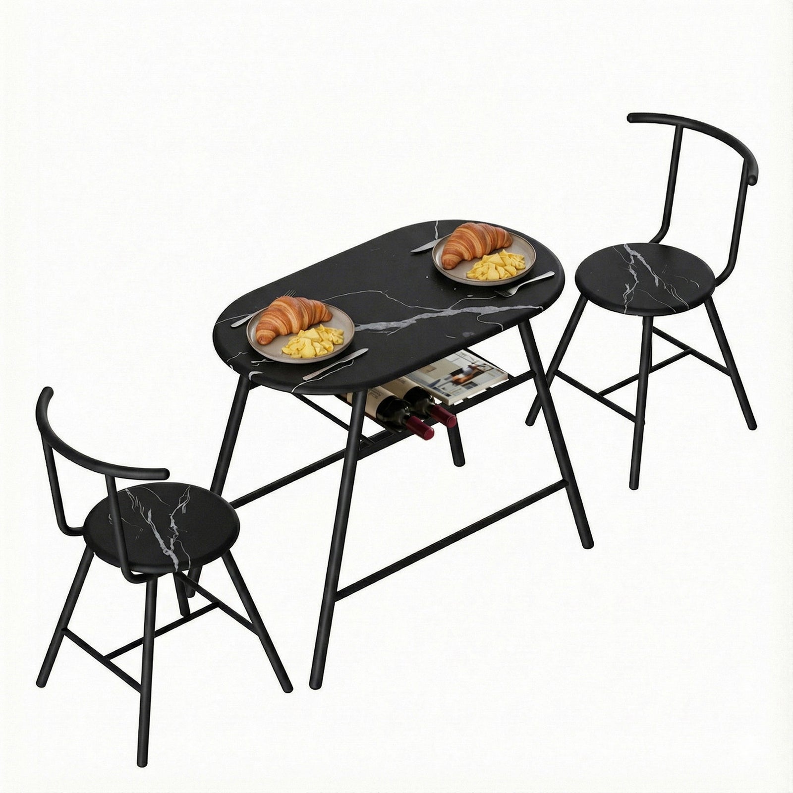 Dining Table Set 3PC Bistro Kitchen Storage Wine Rack Black Marble Style