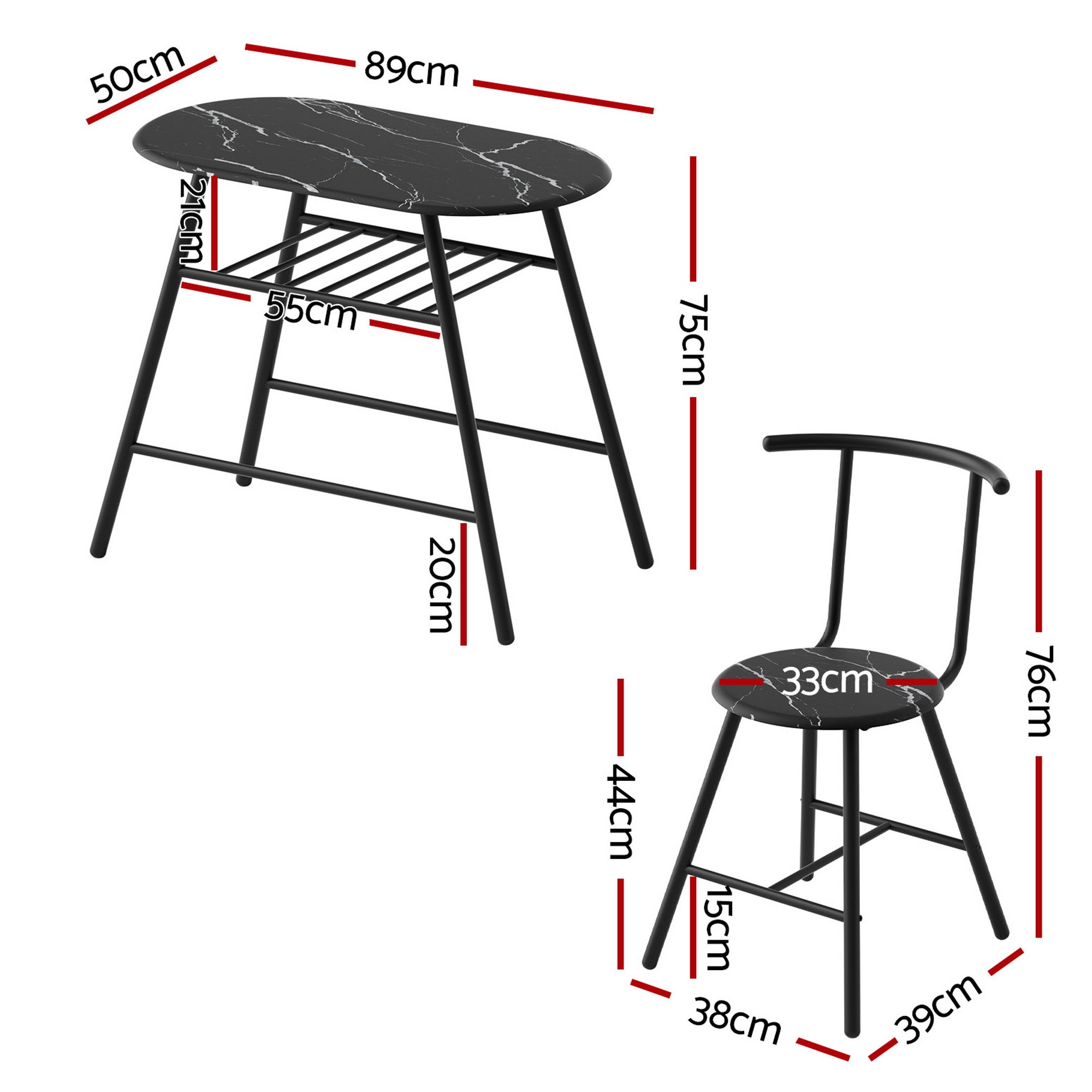 Dining Table Set 3PC Bistro Kitchen Storage Wine Rack Black Marble Style