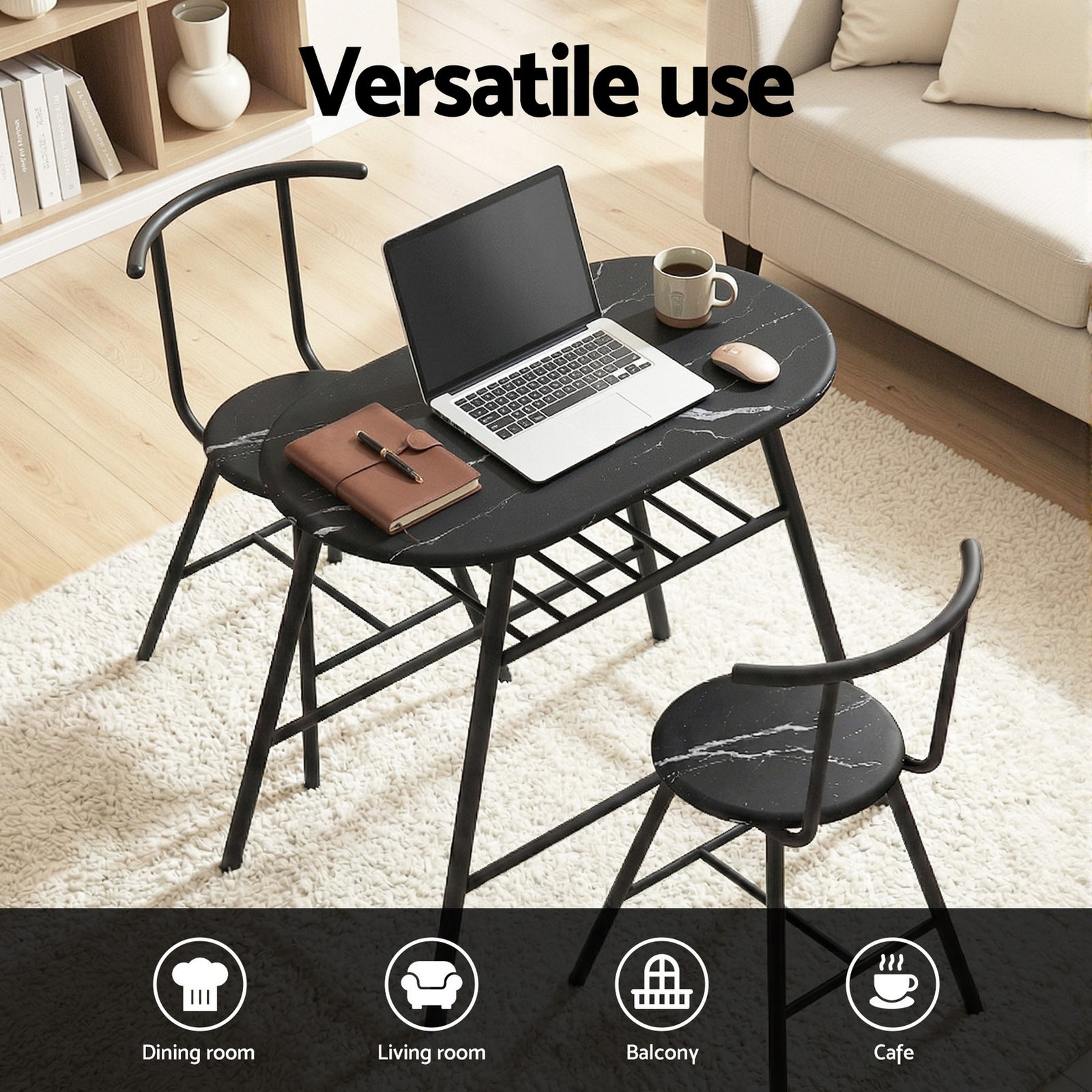 Dining Table Set 3PC Bistro Kitchen Storage Wine Rack Black Marble Style