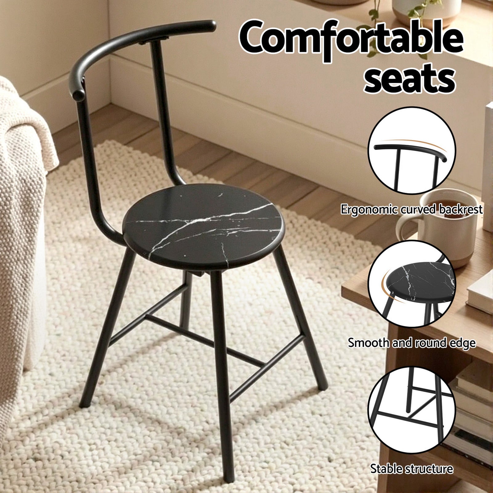 Dining Table Set 3PC Bistro Kitchen Storage Wine Rack Black Marble Style