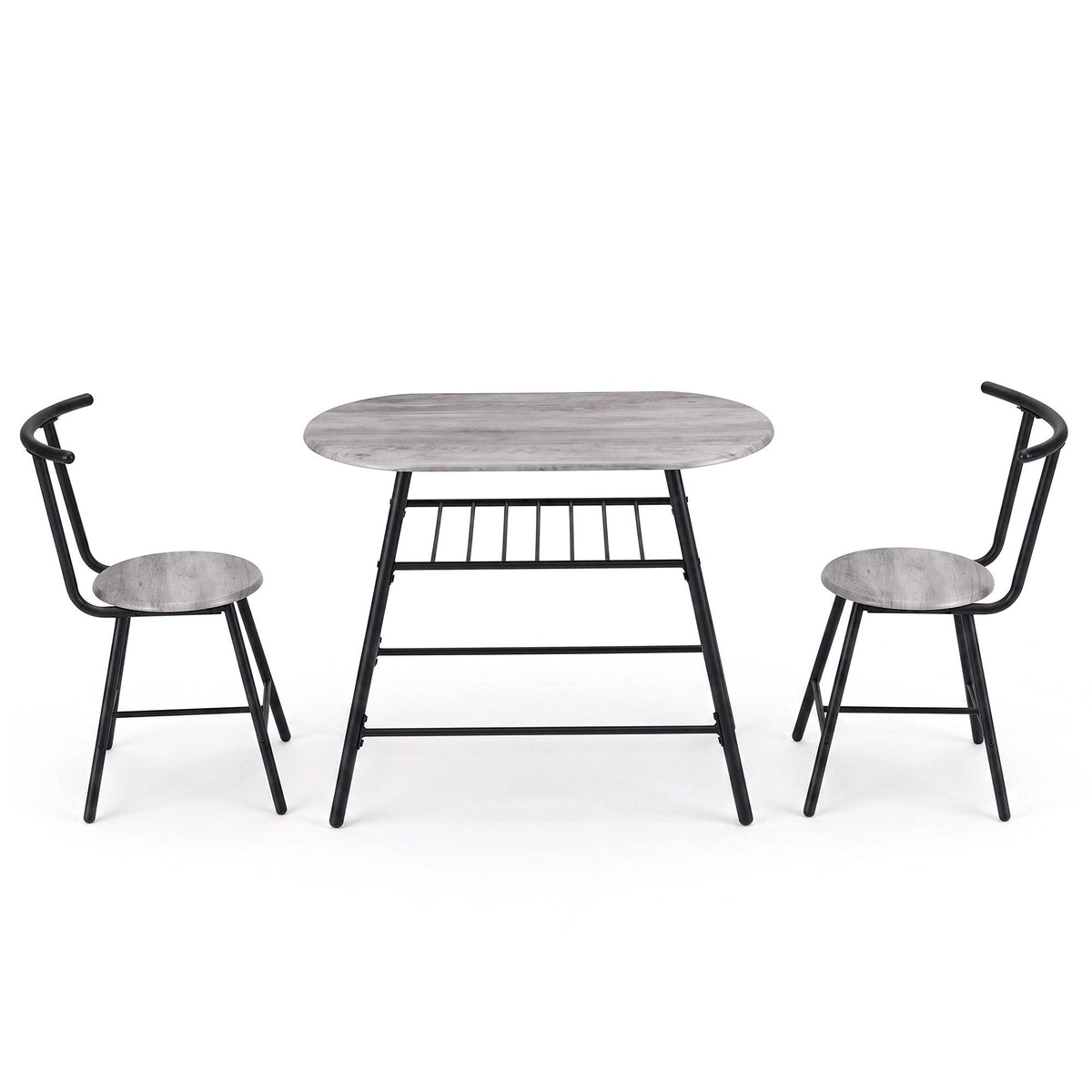 Oval Dining Table Set 3PC Space-Saving Bistro Kitchen Storage Wine Rack Grey