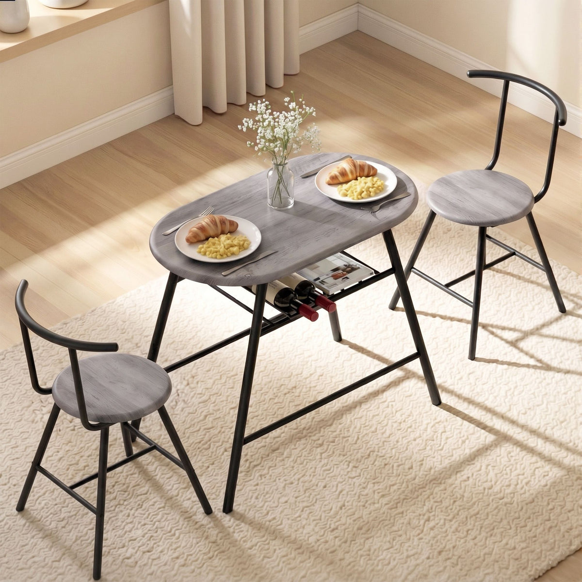 Oval Dining Table Set 3PC Space-Saving Bistro Kitchen Storage Wine Rack Grey