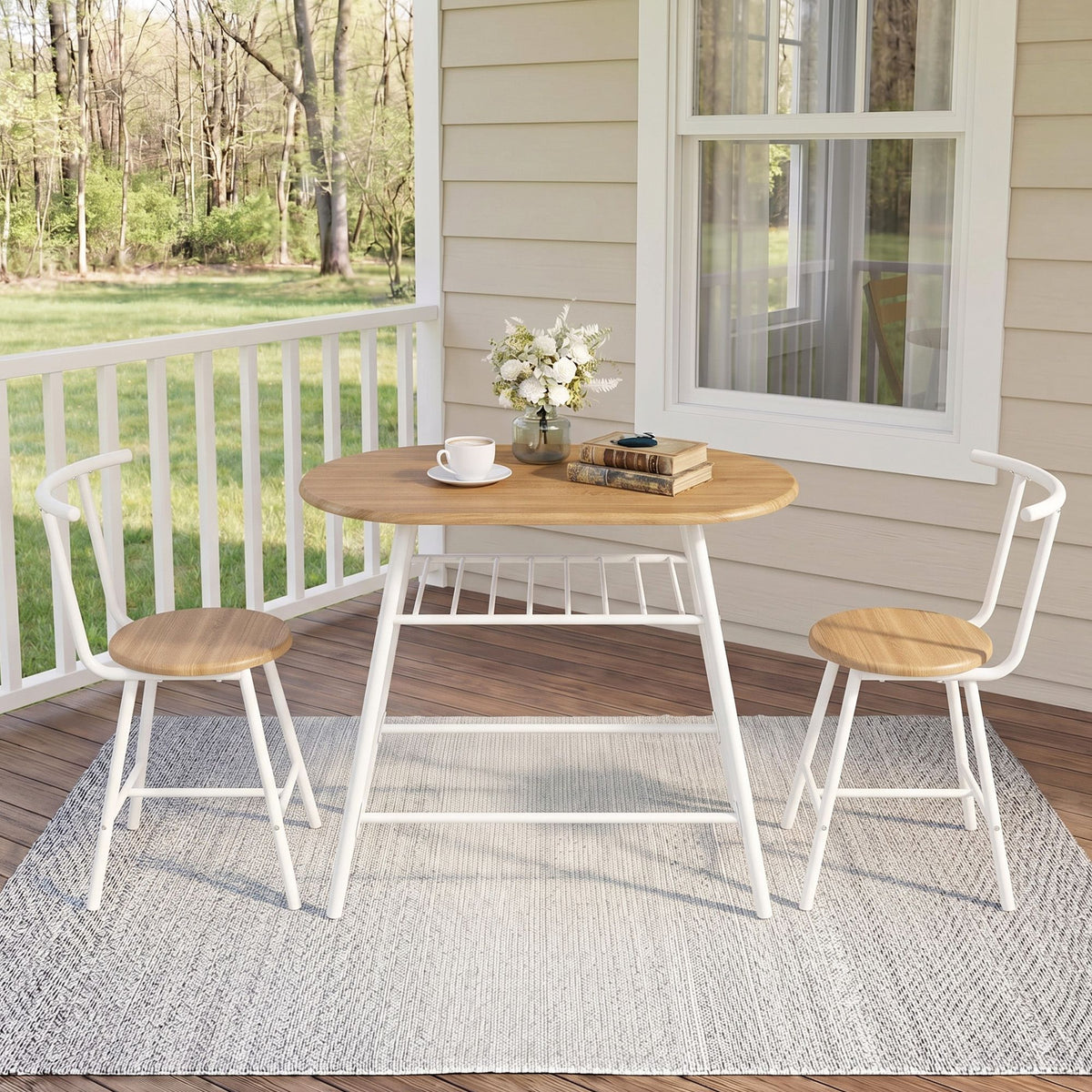 Oval Dining Table Set 3PC Space-Saving Bistro Kitchen Storage Wine Rack Natural White