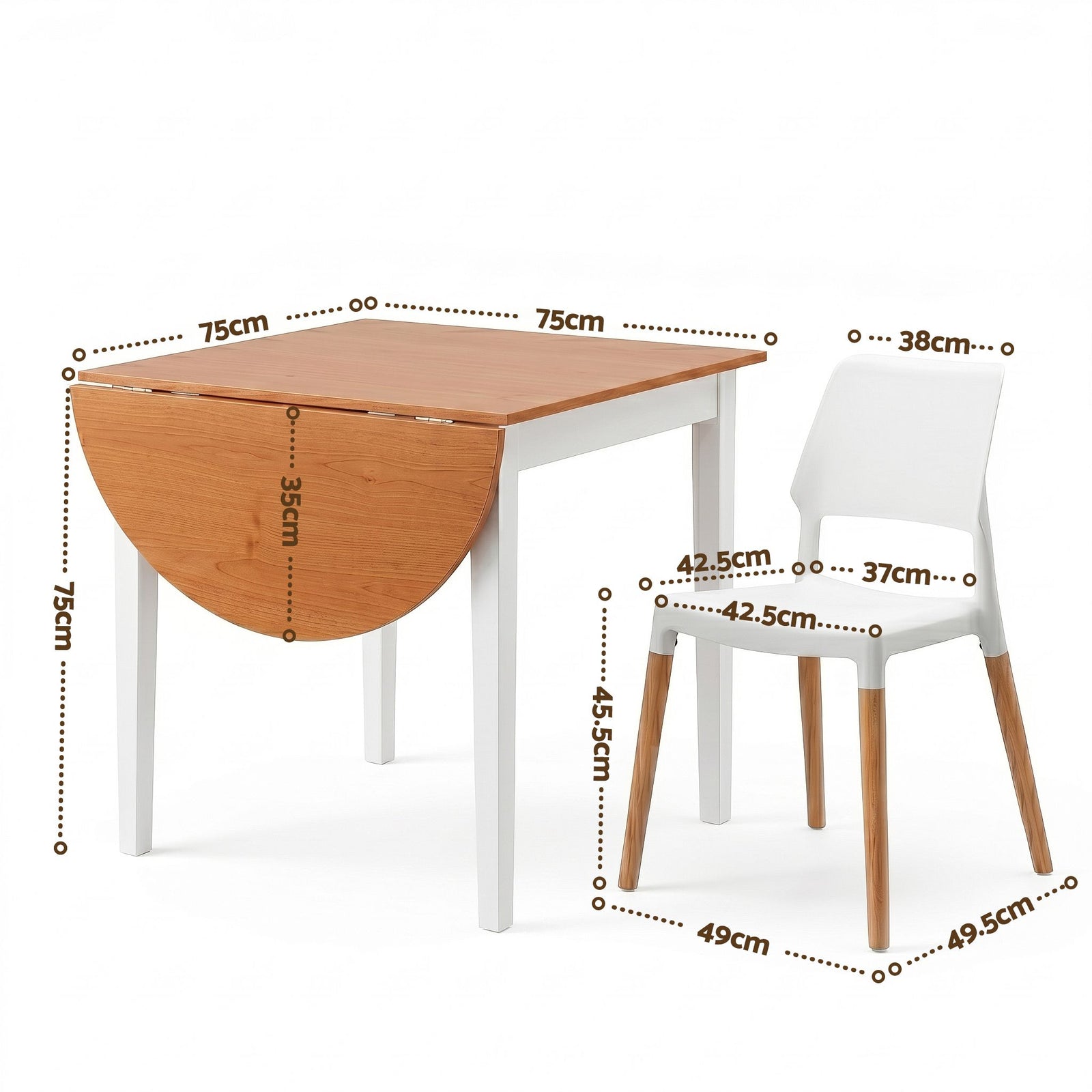 5‑Piece Drop‑Leaf Dining Set – 75–110cm Table + 4 Chairs, White/Pine