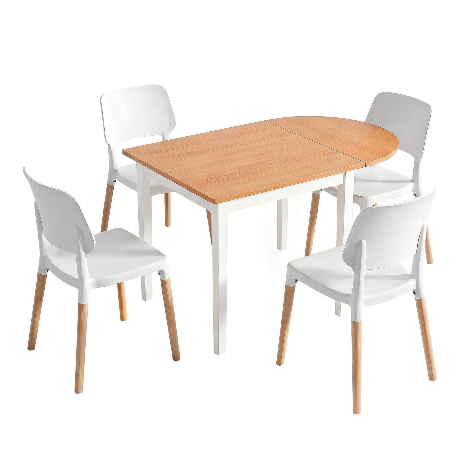 5‑Piece Drop‑Leaf Dining Set – 75–110cm Table + 4 Chairs, White/Pine