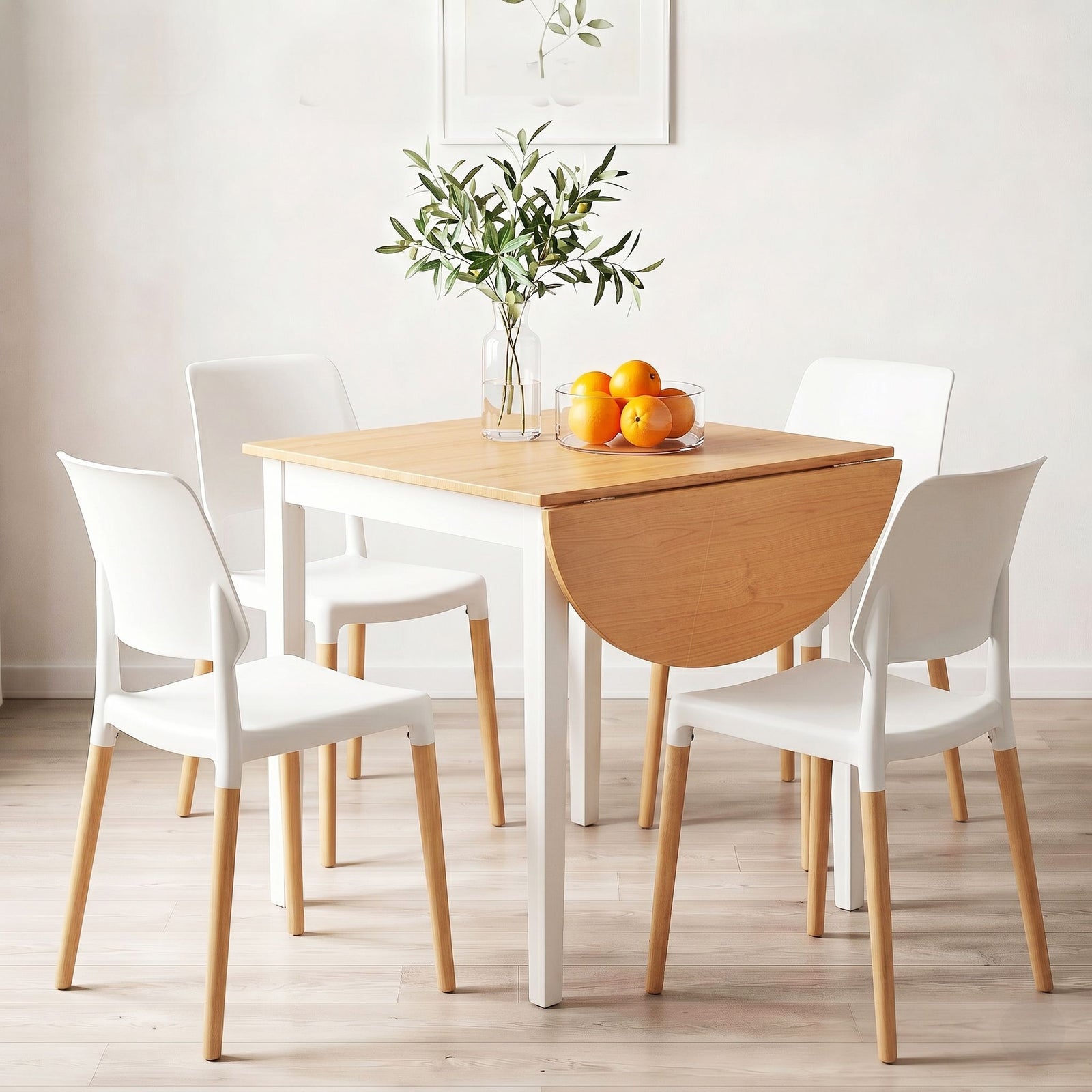 5‑Piece Drop‑Leaf Dining Set – 75–110cm Table + 4 Chairs, White/Pine