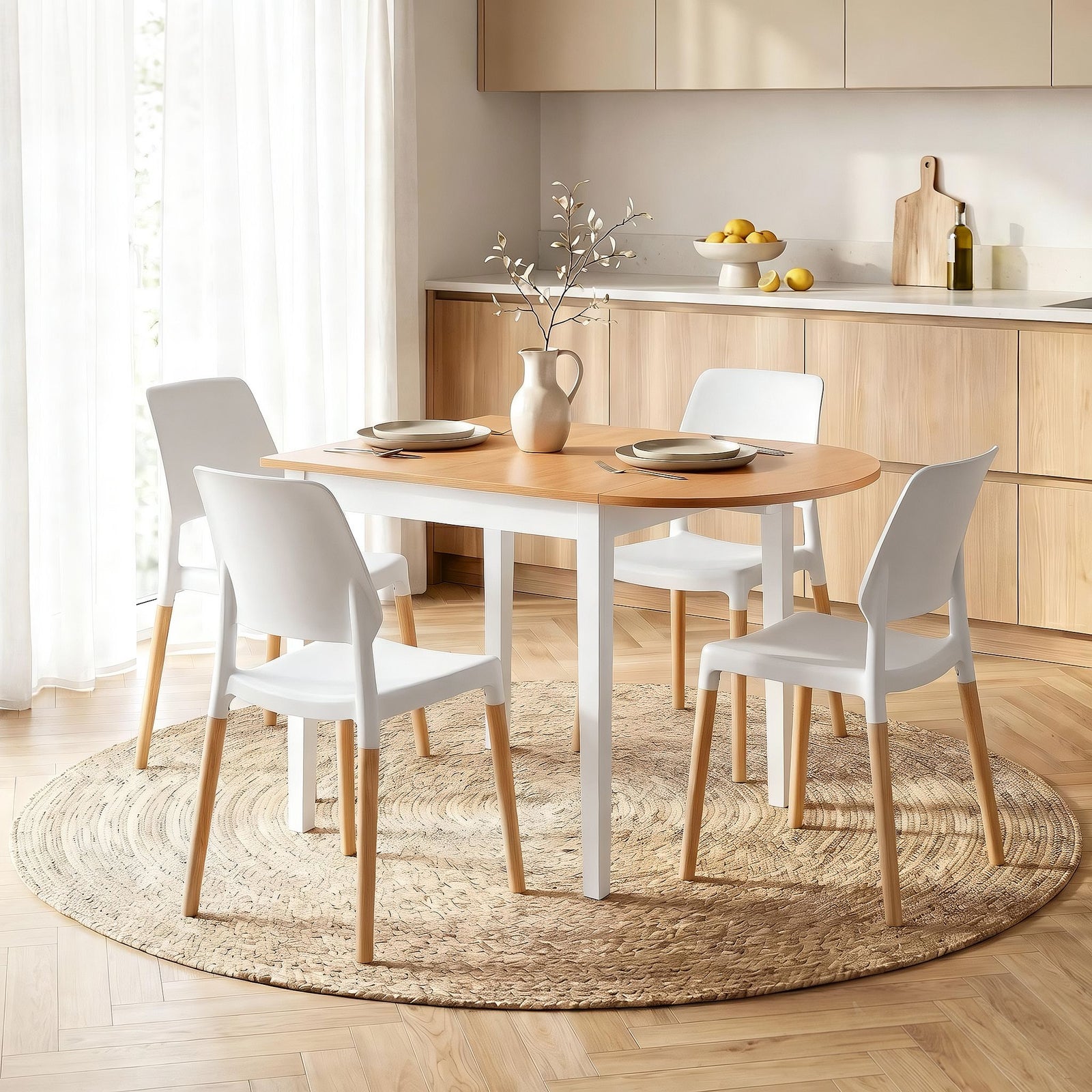 5‑Piece Drop‑Leaf Dining Set – 75–110cm Table + 4 Chairs, White/Pine
