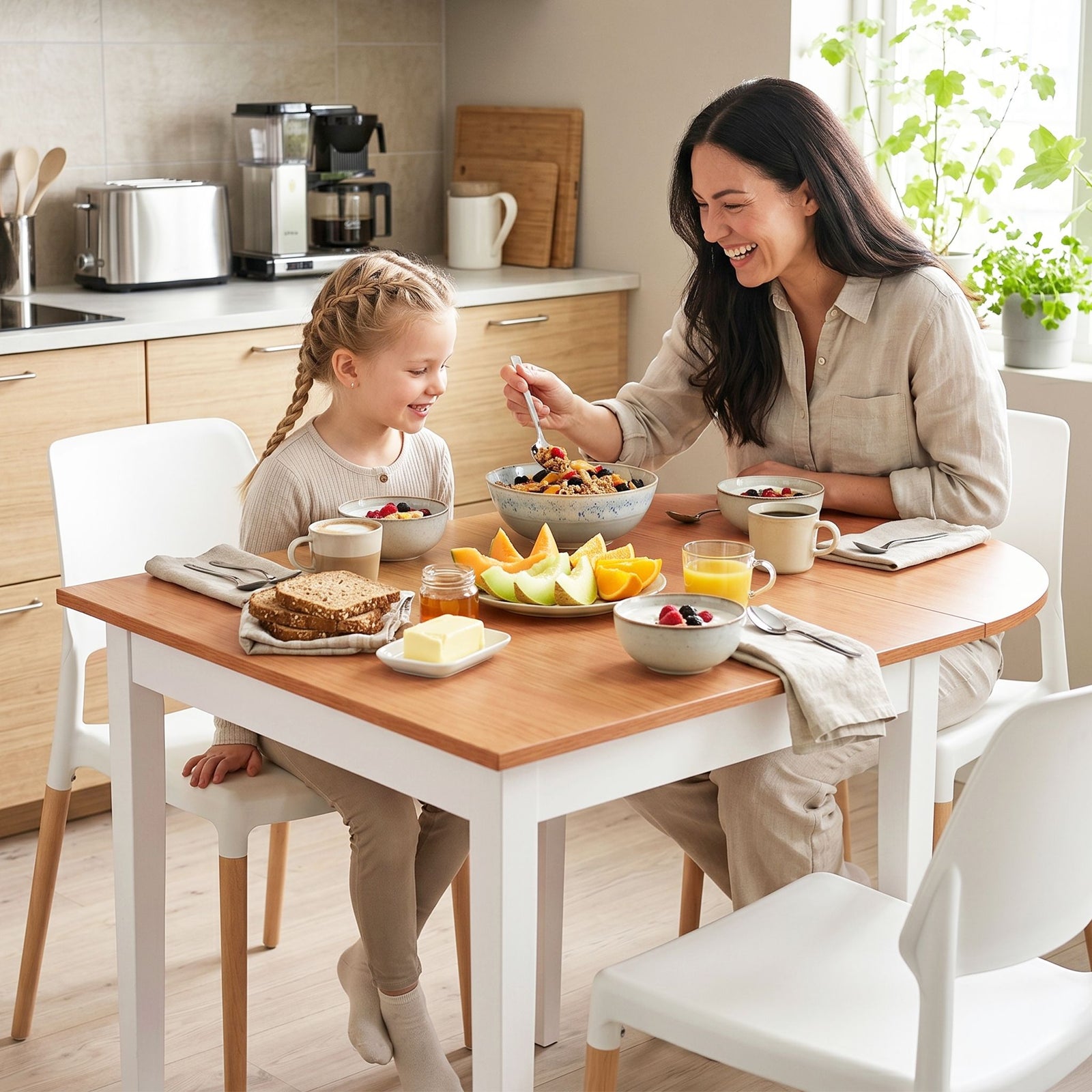 5‑Piece Drop‑Leaf Dining Set – 75–110cm Table + 4 Chairs, White/Pine