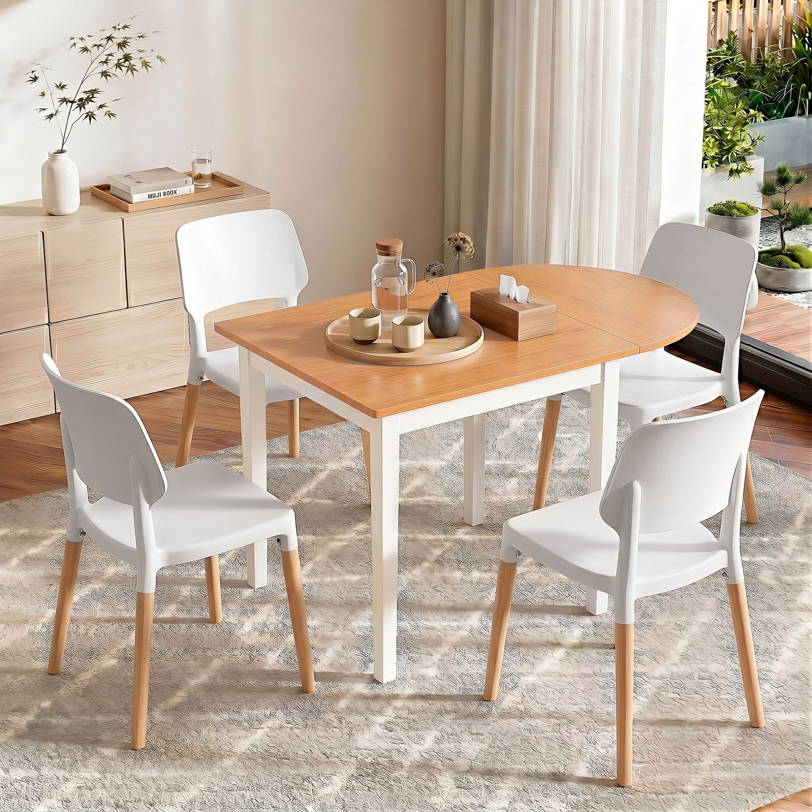 5‑Piece Drop‑Leaf Dining Set – 75–110cm Table + 4 Chairs, White/Pine