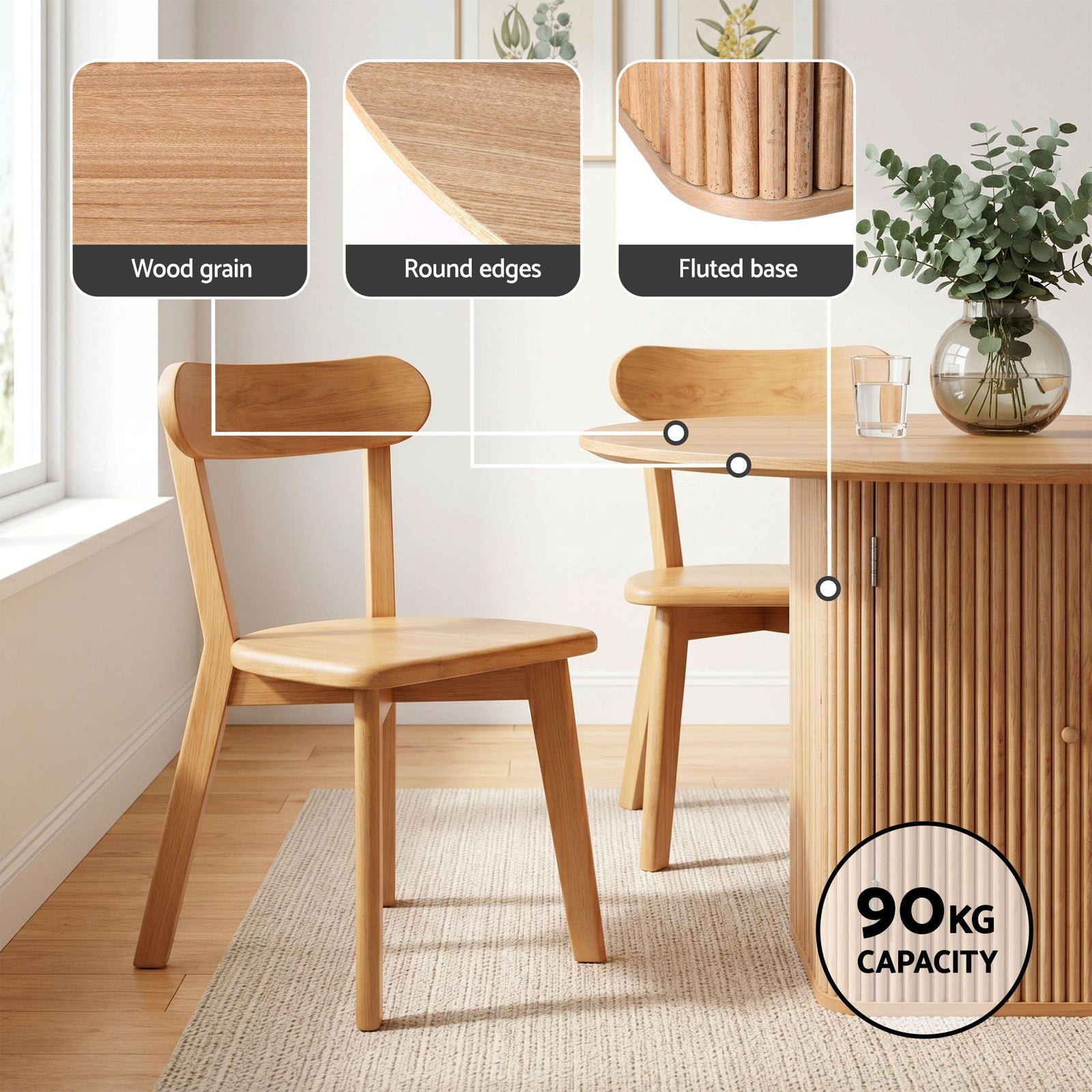 4‑Seater Dining Set – 100cm Square Table + Rubberwood Chairs, Pine/Natural