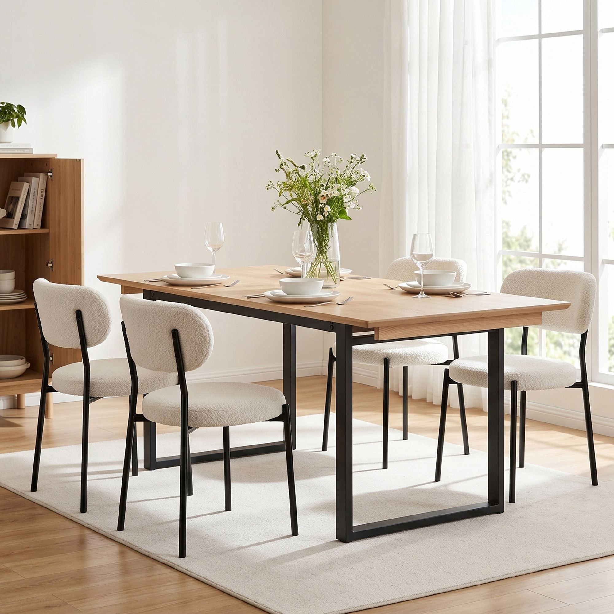 5‑Piece Extendable Dining Set – 140–200cm Table + 4 Sherpa Chairs, White