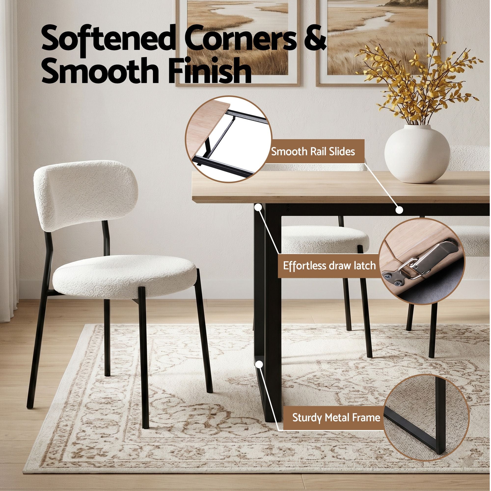 5‑Piece Extendable Dining Set – 140–200cm Table + 4 Sherpa Chairs, White