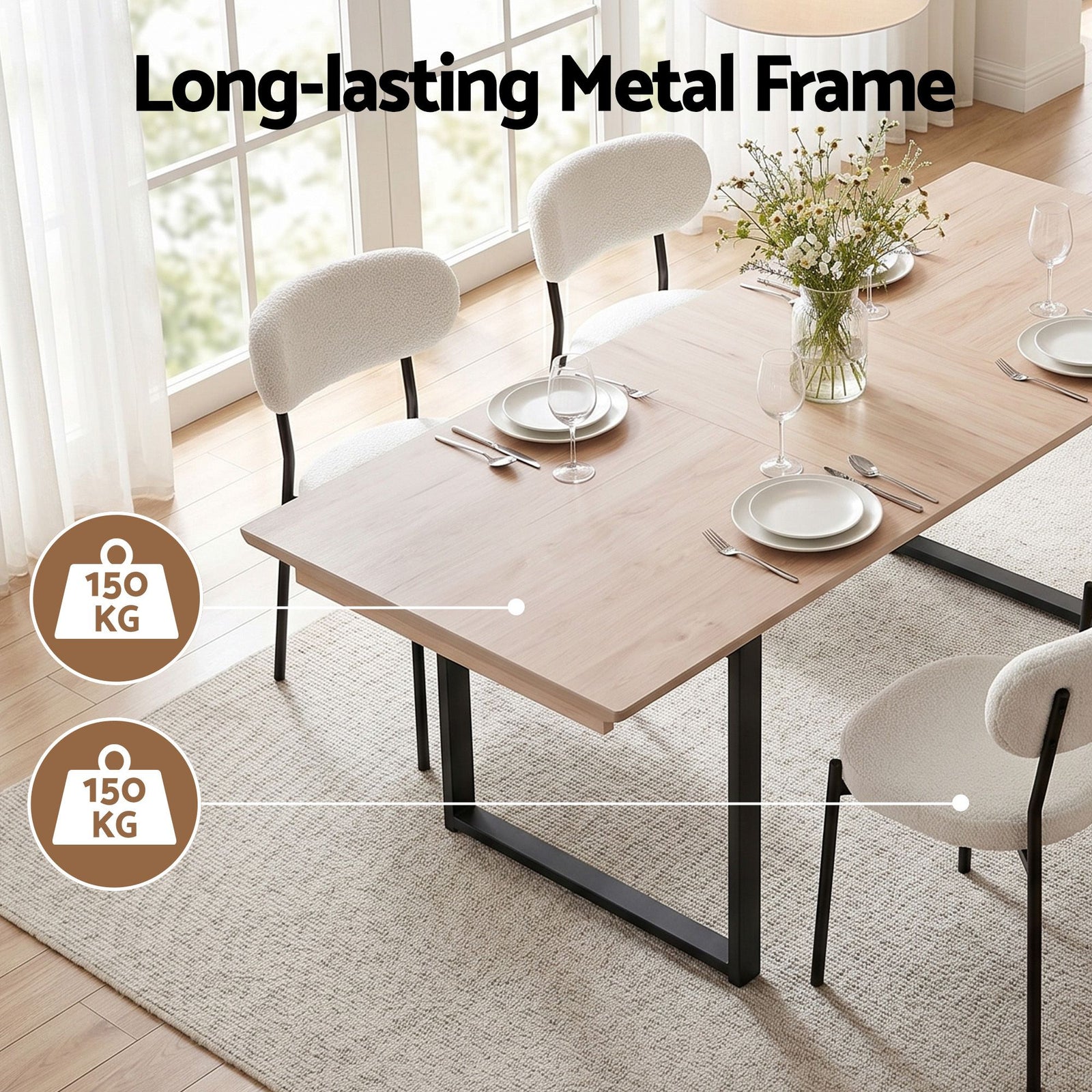 5‑Piece Extendable Dining Set – 140–200cm Table + 4 Sherpa Chairs, White