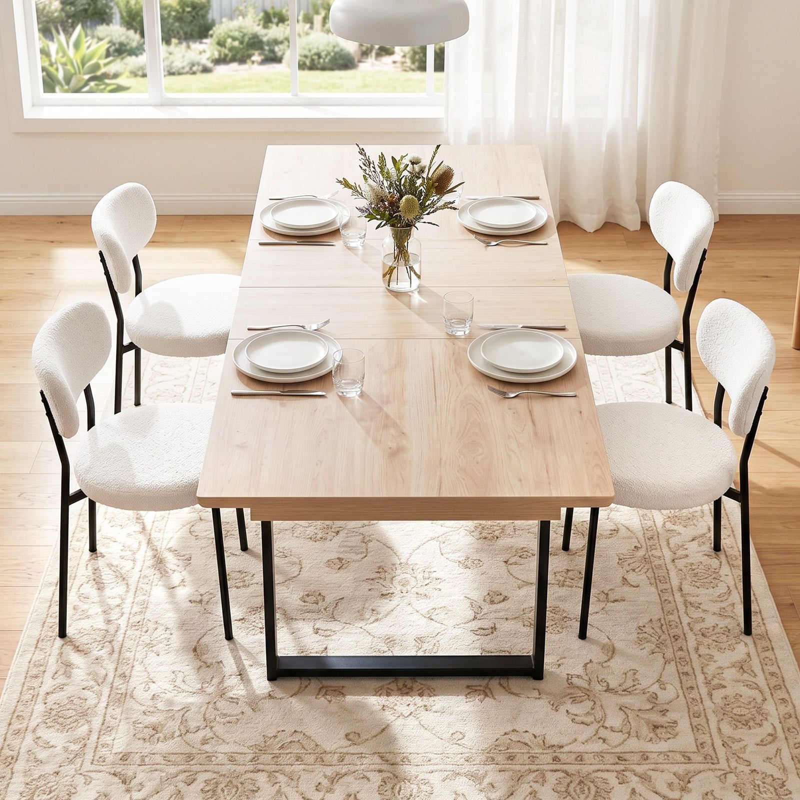 5‑Piece Extendable Dining Set – 140–200cm Table + 4 Sherpa Chairs, White