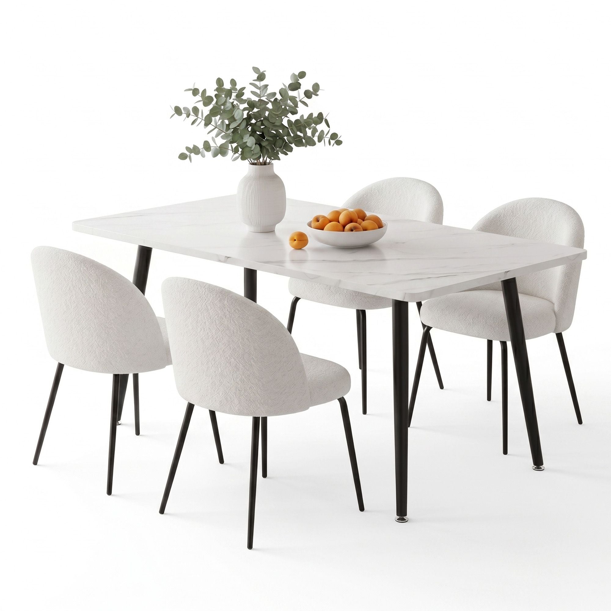 Dining Set 5‑Piece – 150cm White Marble Table + 4 Sherpa Chairs, White
