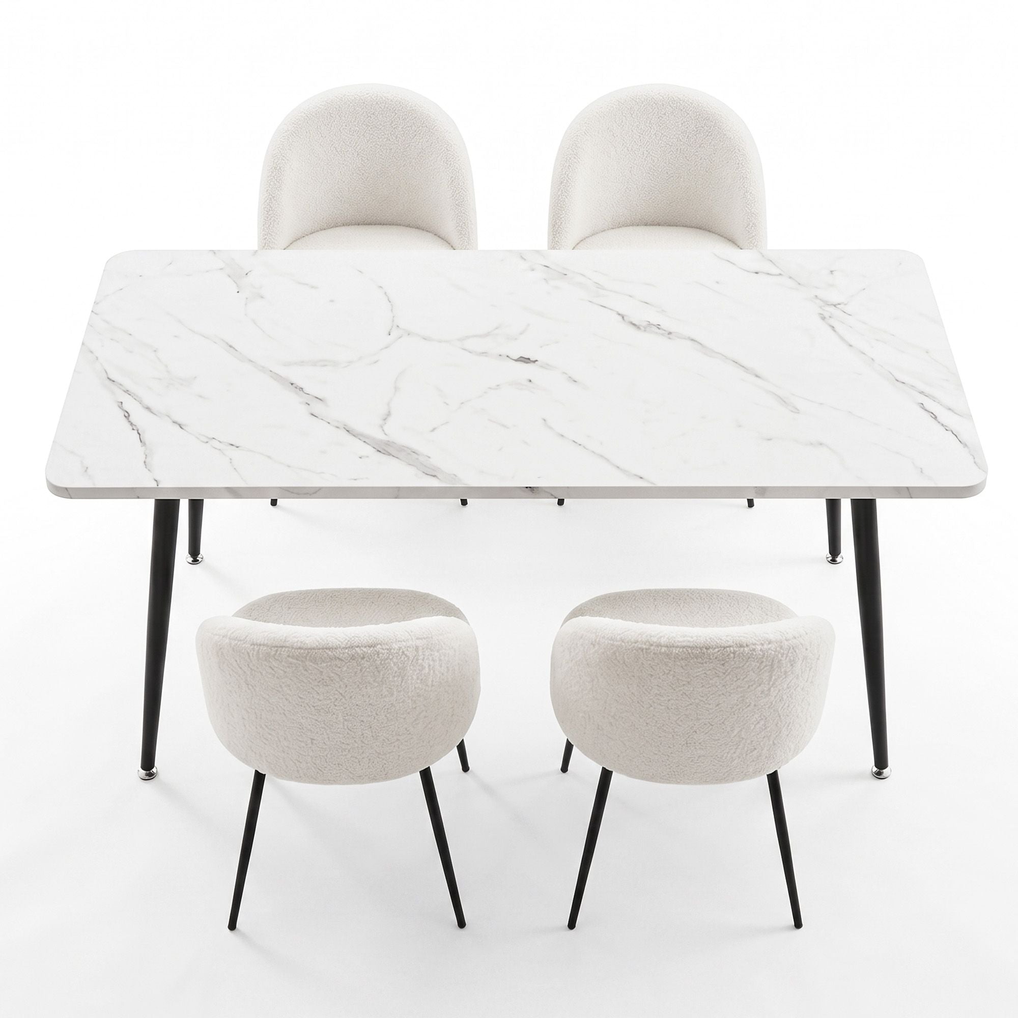 Dining Set 5‑Piece – 150cm White Marble Table + 4 Sherpa Chairs, White