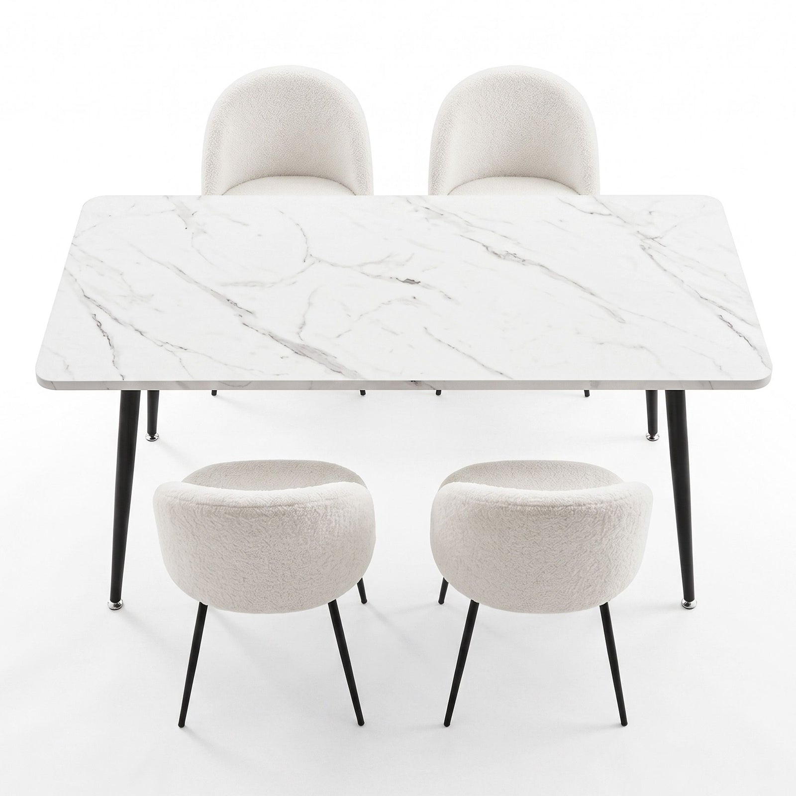 Dining Set 5‑Piece – 150cm White Marble Table + 4 Sherpa Chairs, White