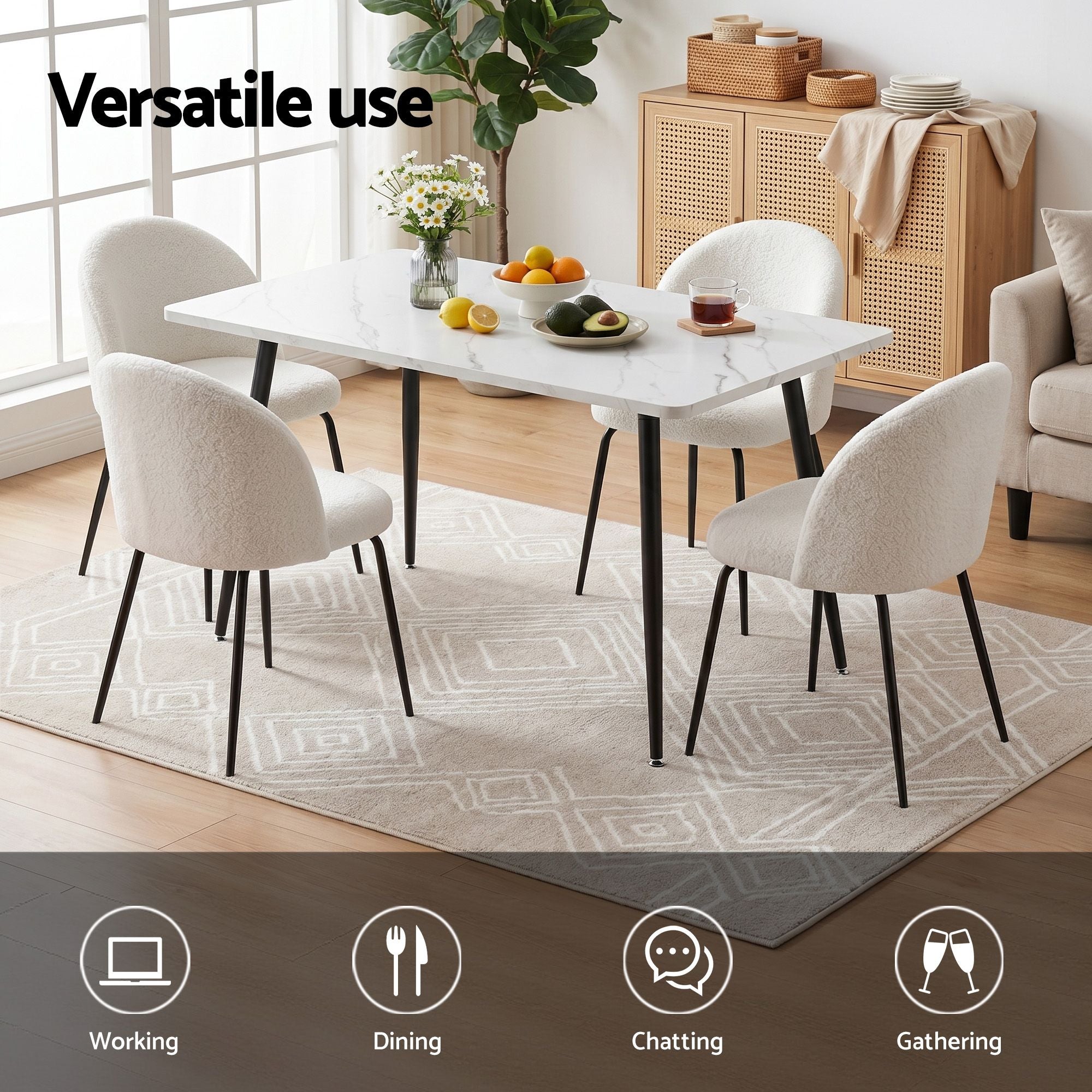 Dining Set 5‑Piece – 150cm White Marble Table + 4 Sherpa Chairs, White