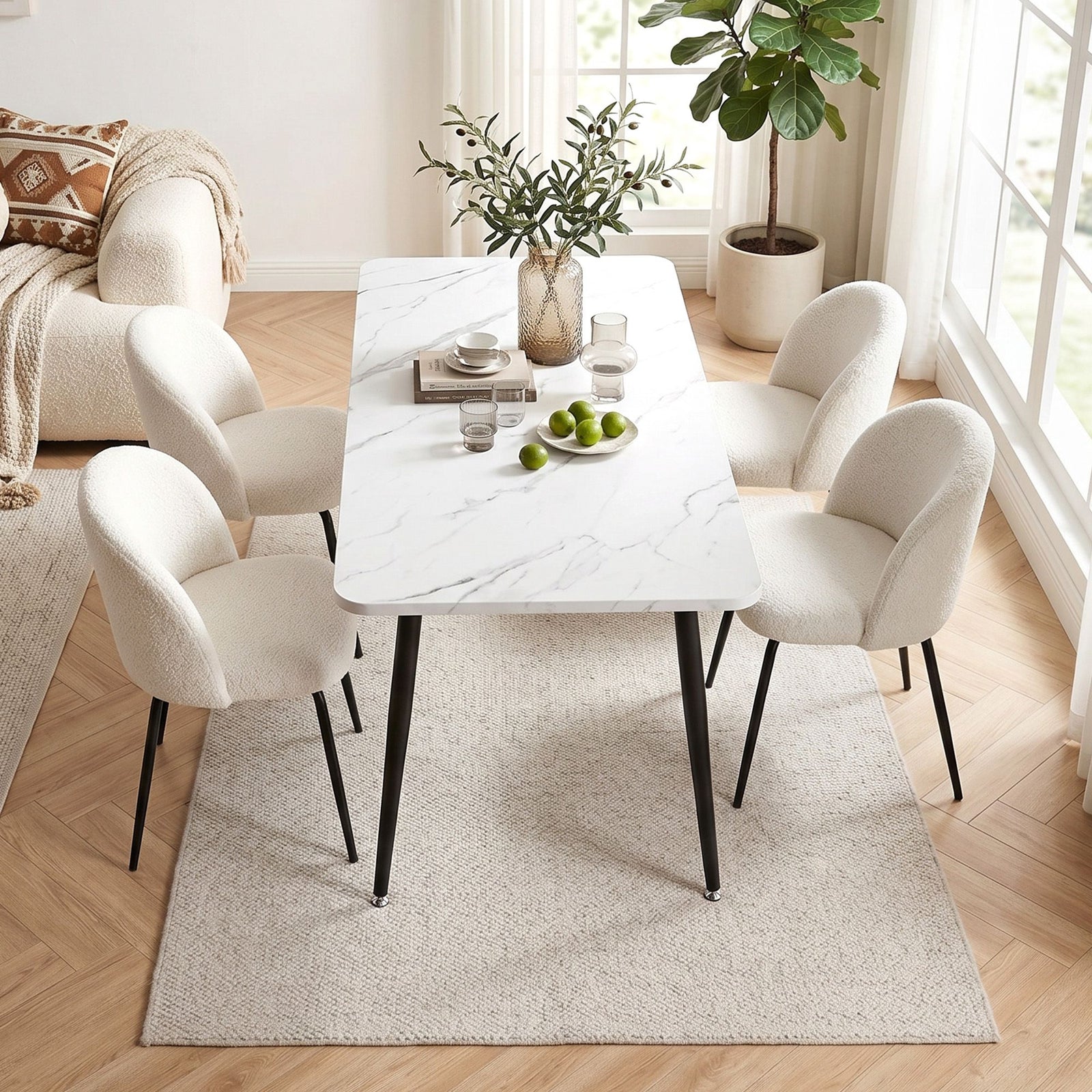 Dining Set 5‑Piece – 150cm White Marble Table + 4 Sherpa Chairs, White