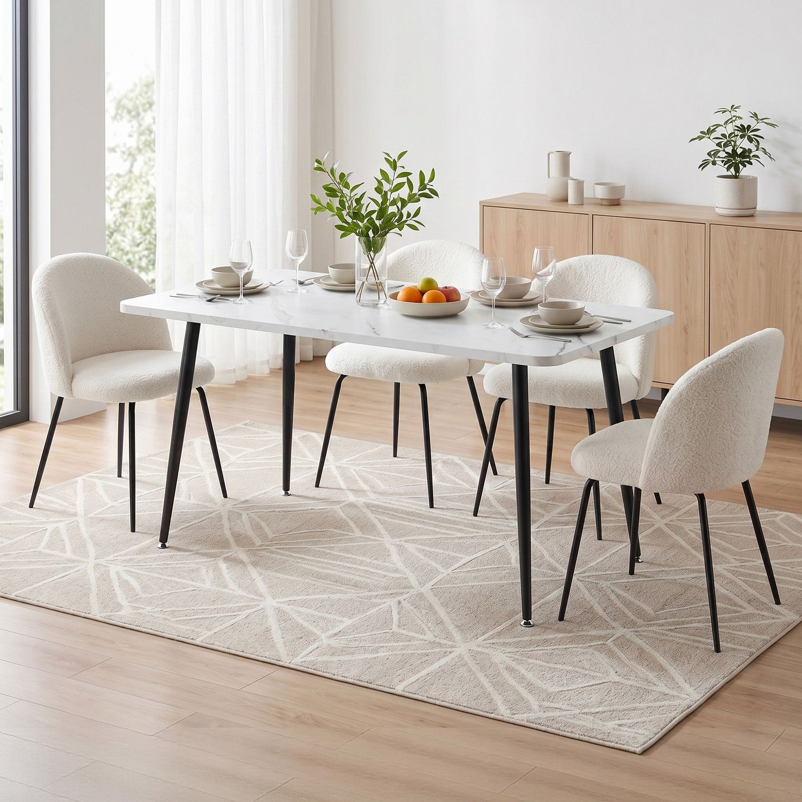 Dining Set 5‑Piece – 150cm White Marble Table + 4 Sherpa Chairs, White