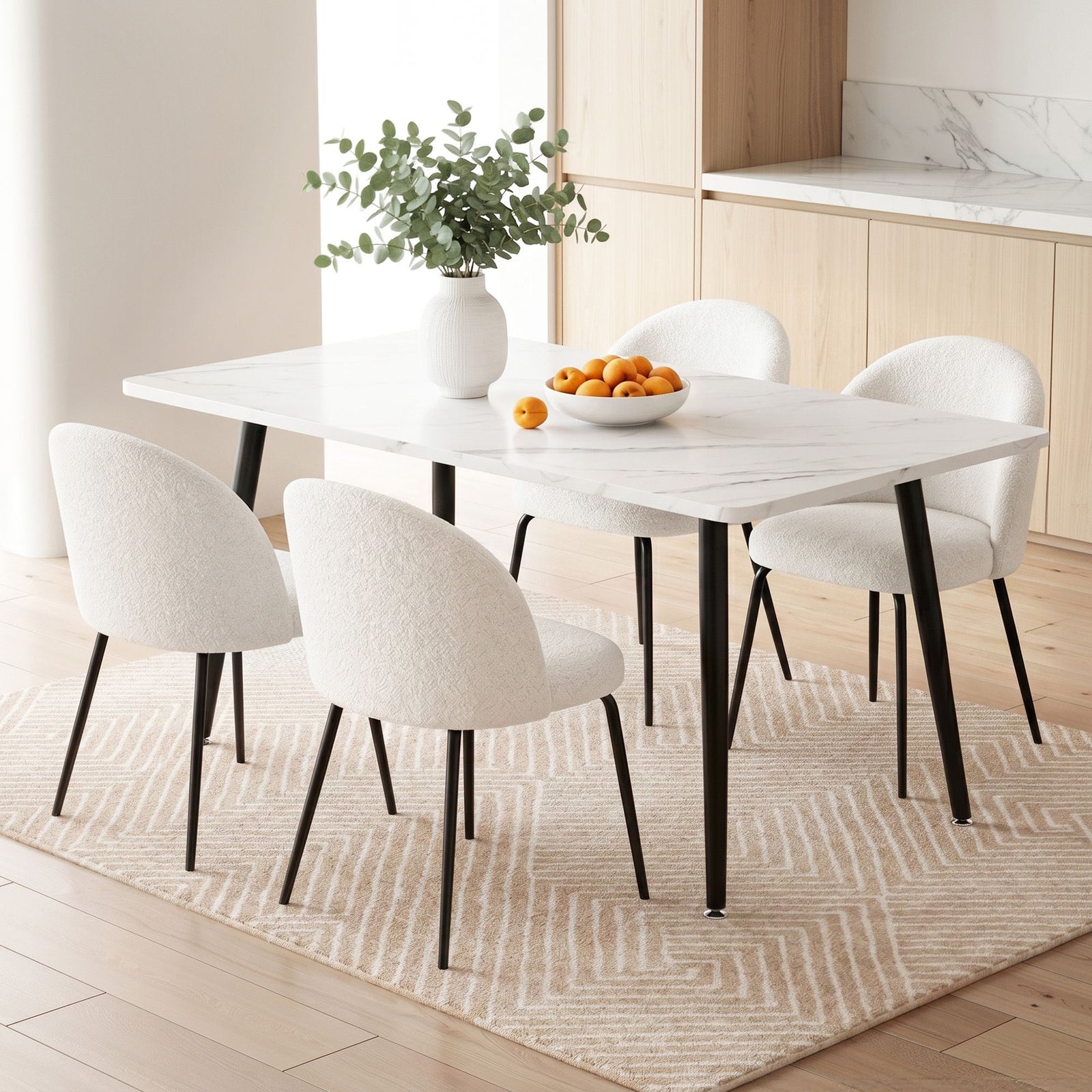 Dining Set 5‑Piece – 150cm White Marble Table + 4 Sherpa Chairs, White