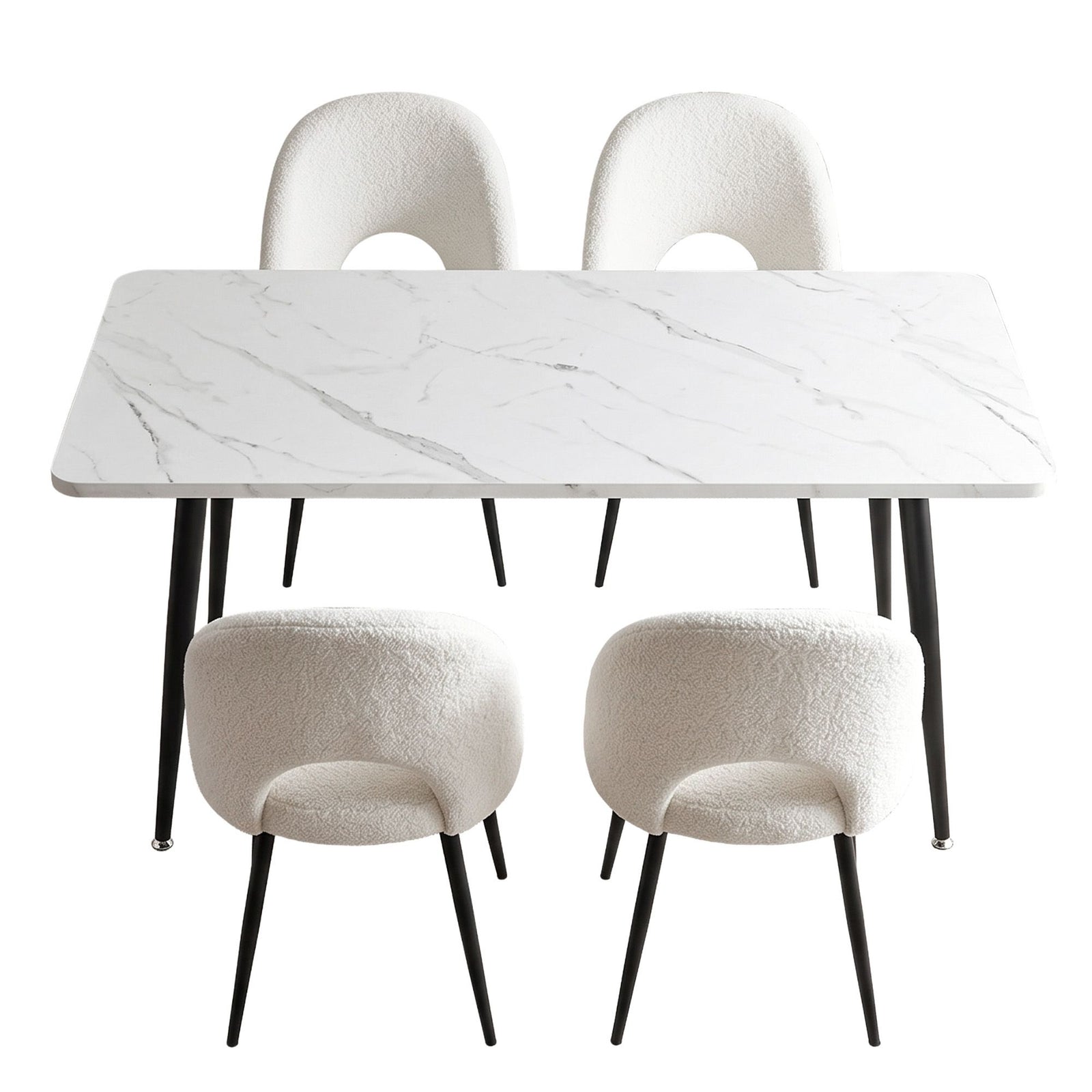 5‑Piece Dining Set – 150cm Marble Table + 4 Sherpa Chairs, White/Black