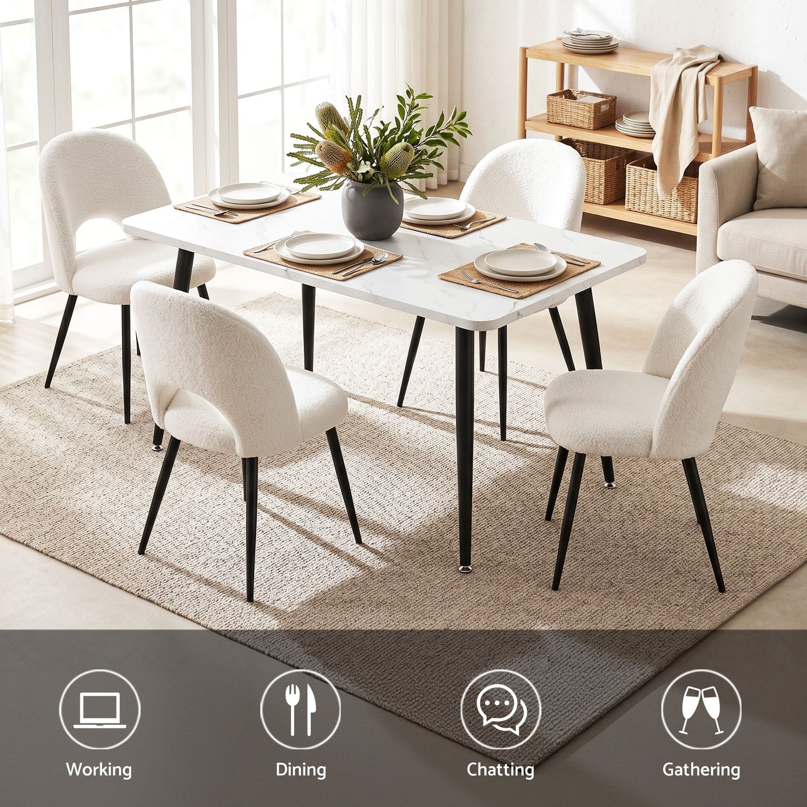 5‑Piece Dining Set – 150cm Marble Table + 4 Sherpa Chairs, White/Black