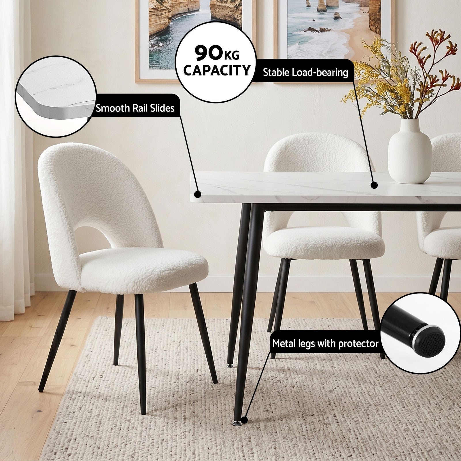 5‑Piece Dining Set – 150cm Marble Table + 4 Sherpa Chairs, White/Black
