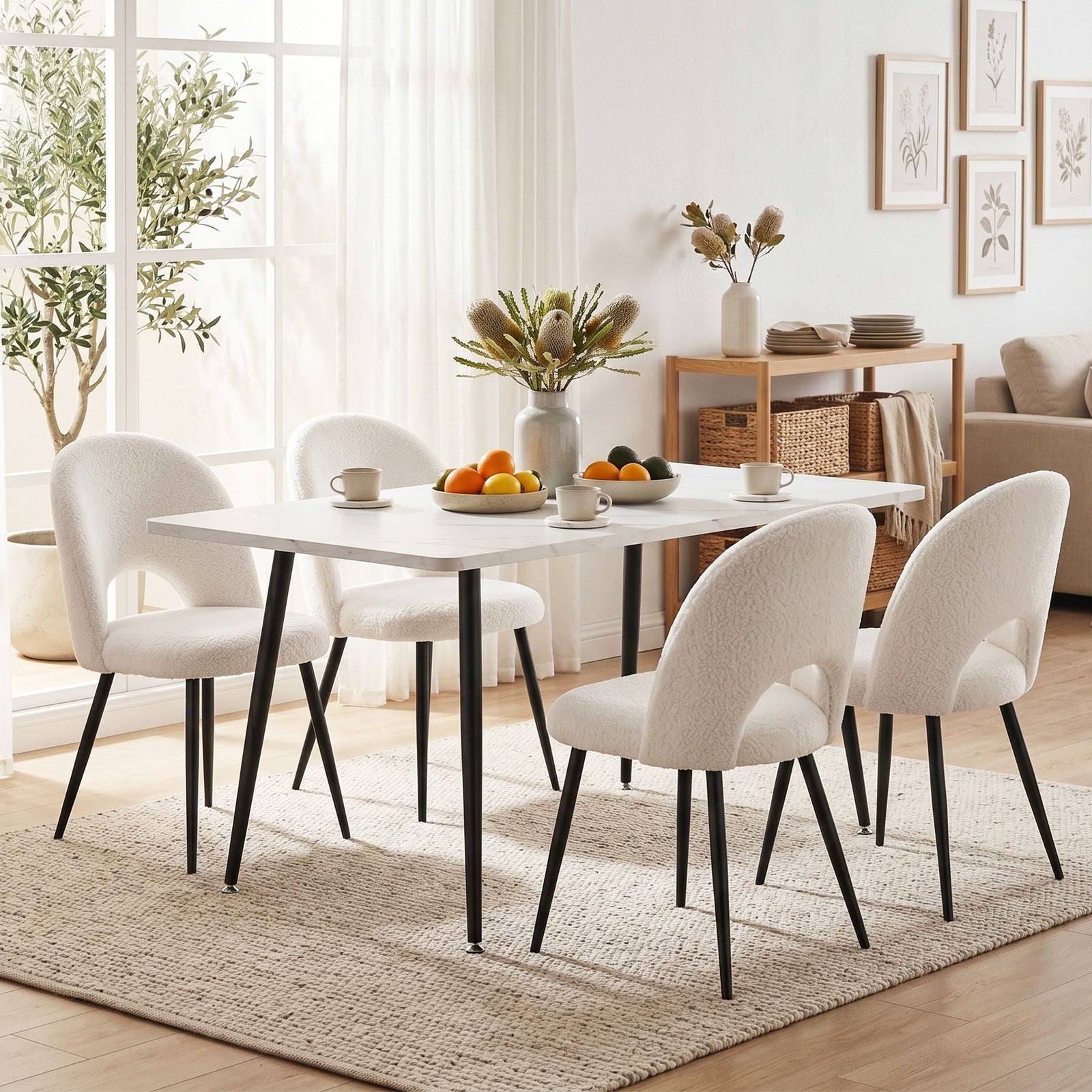 5‑Piece Dining Set – 150cm Marble Table + 4 Sherpa Chairs, White/Black