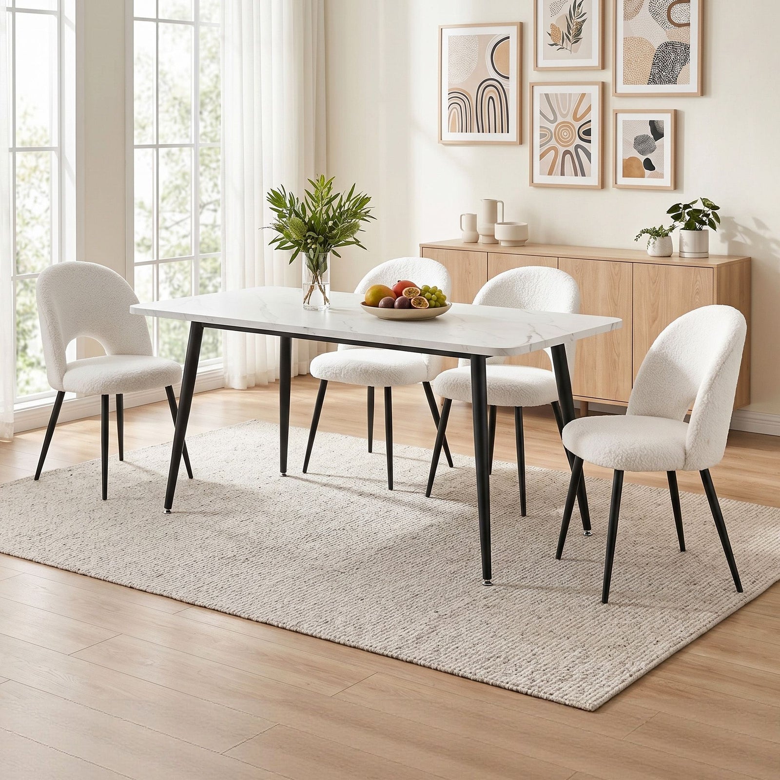 5‑Piece Dining Set – 150cm Marble Table + 4 Sherpa Chairs, White/Black