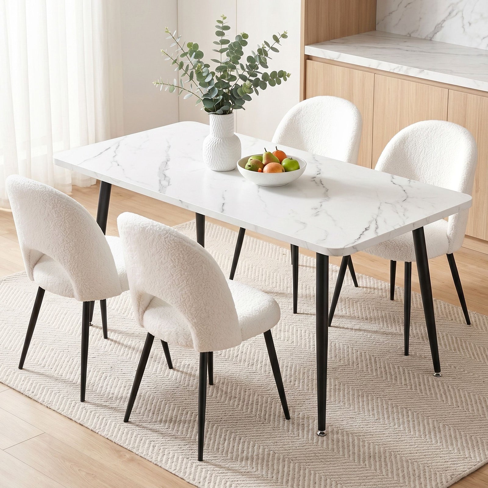 5‑Piece Dining Set – 150cm Marble Table + 4 Sherpa Chairs, White/Black