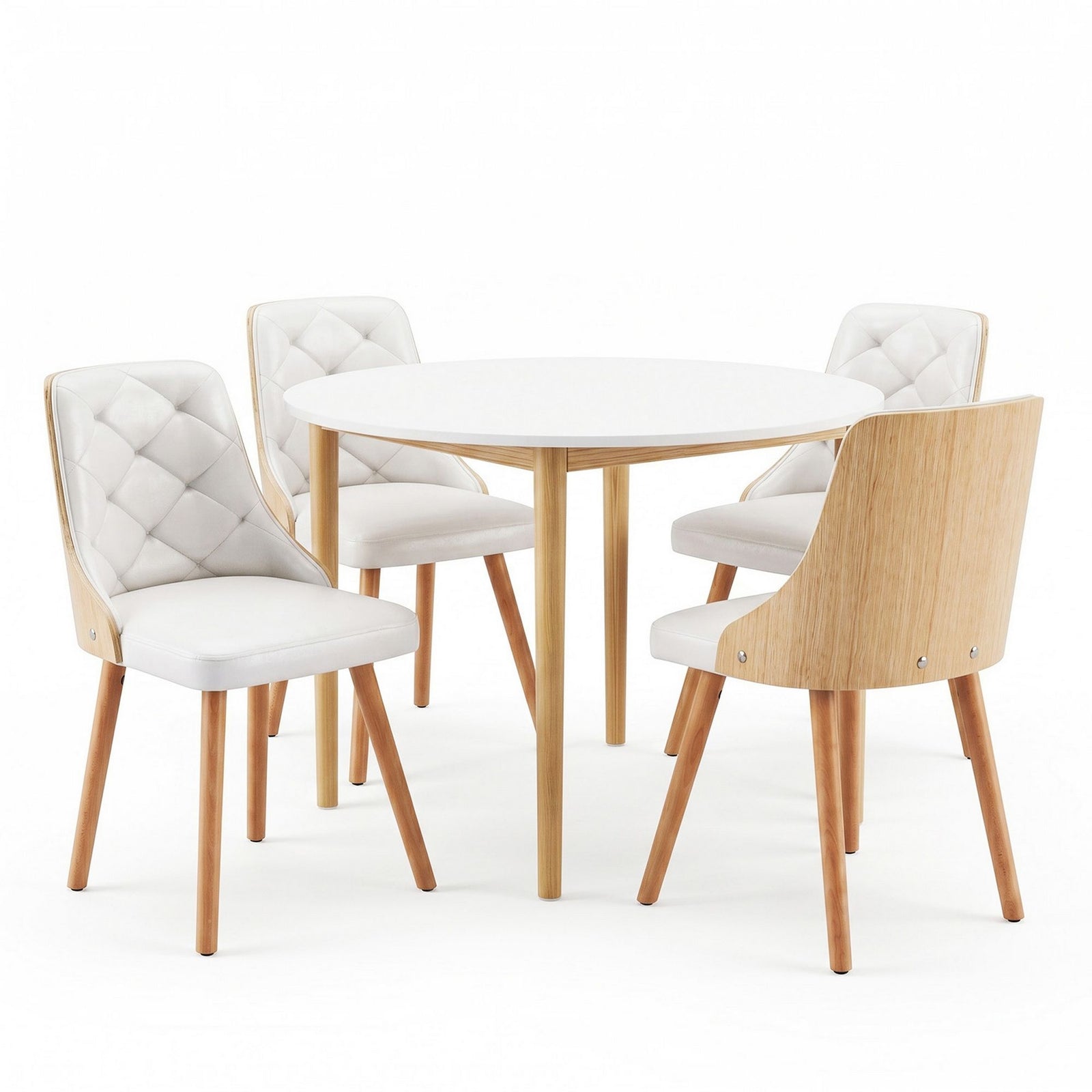 5‑Piece Round Dining Set – 108cm Table + 4 PU Leather Chairs, White