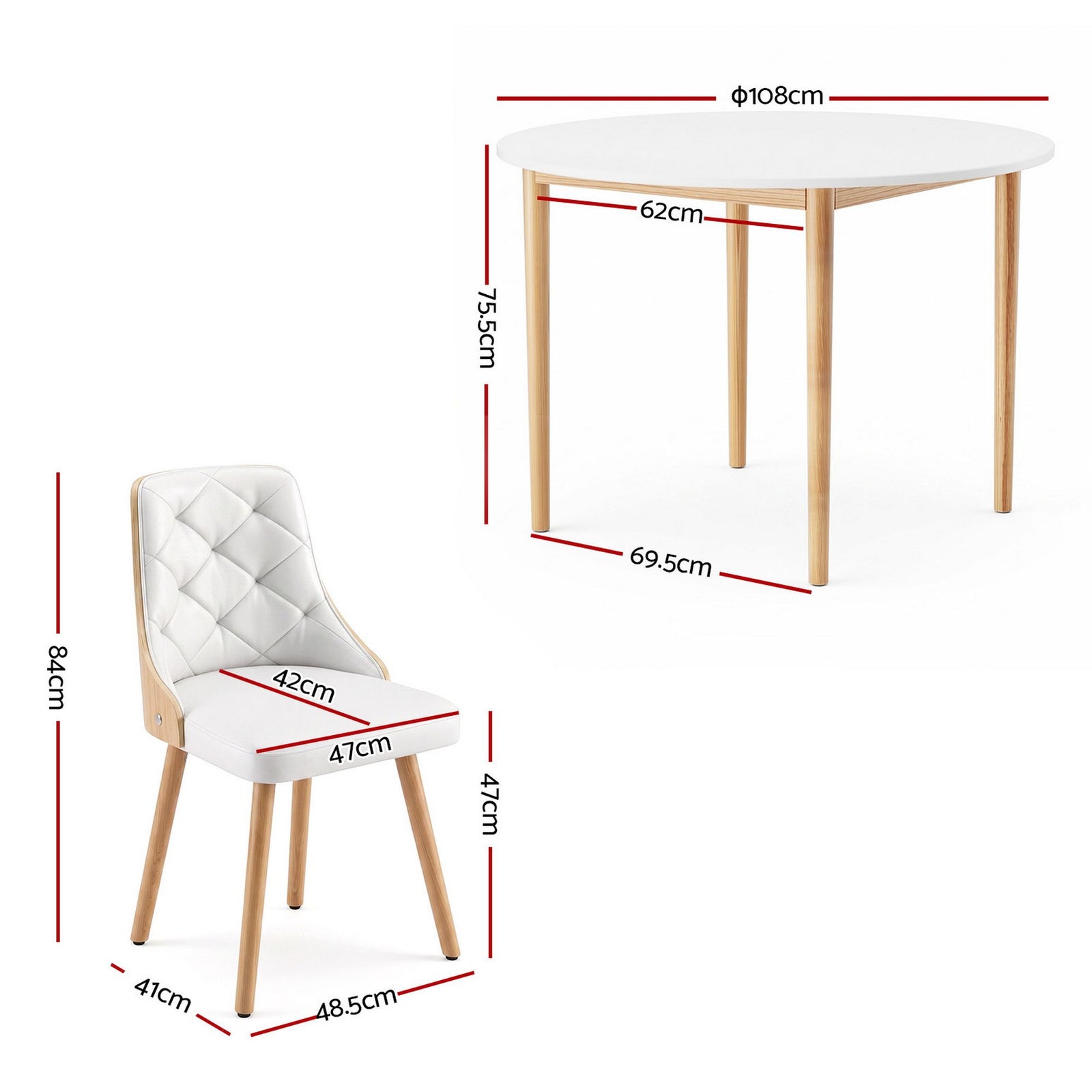 5‑Piece Round Dining Set – 108cm Table + 4 PU Leather Chairs, White