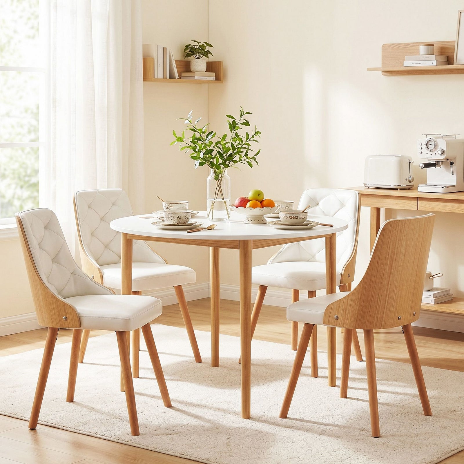 5‑Piece Round Dining Set – 108cm Table + 4 PU Leather Chairs, White