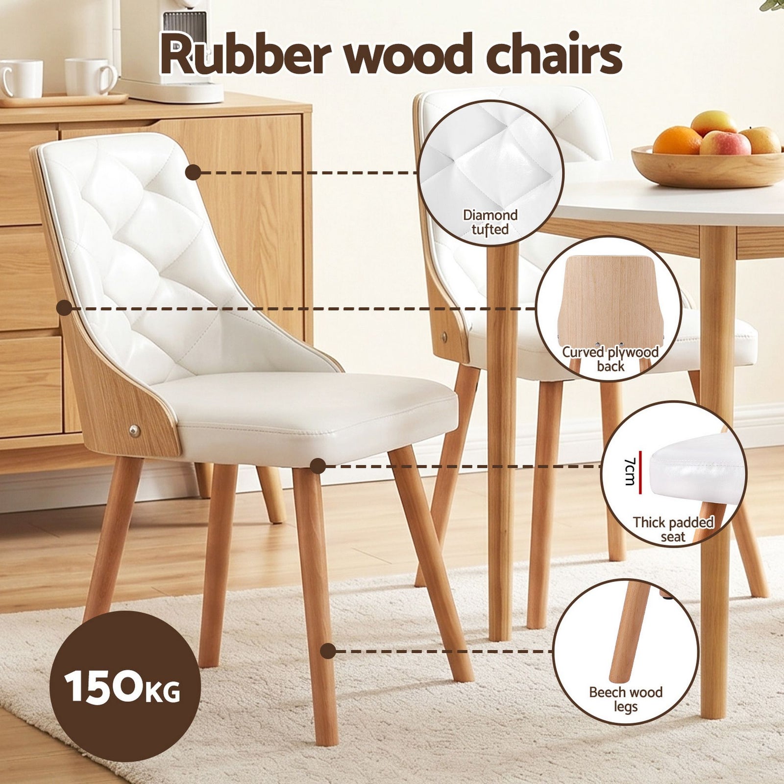 5‑Piece Round Dining Set – 108cm Table + 4 PU Leather Chairs, White
