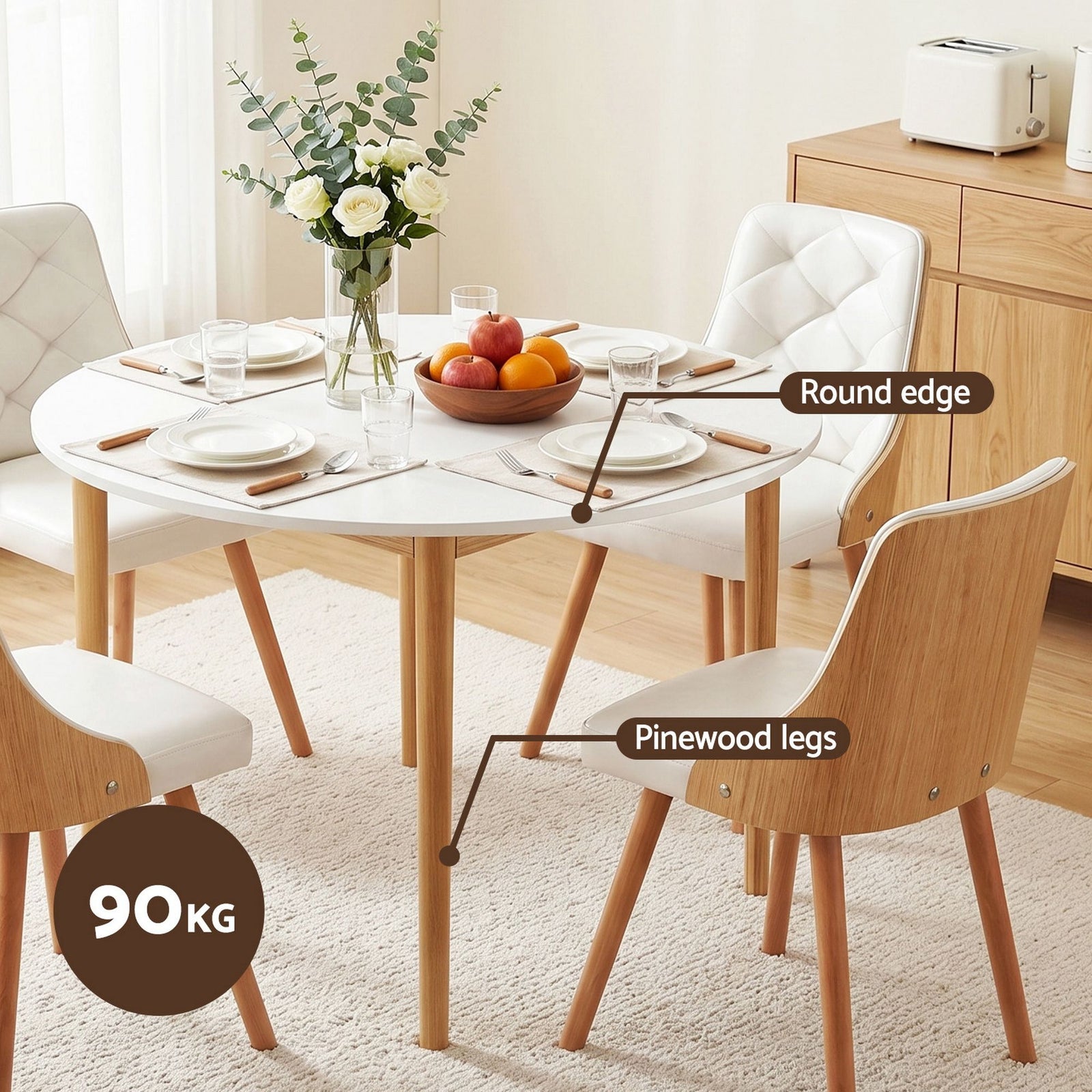 5‑Piece Round Dining Set – 108cm Table + 4 PU Leather Chairs, White
