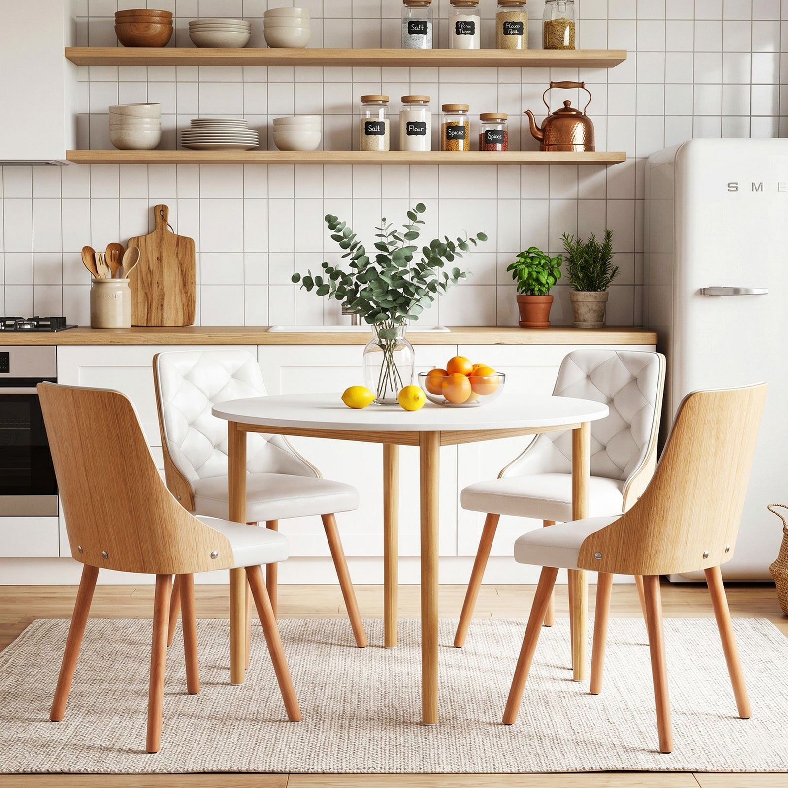 5‑Piece Round Dining Set – 108cm Table + 4 PU Leather Chairs, White