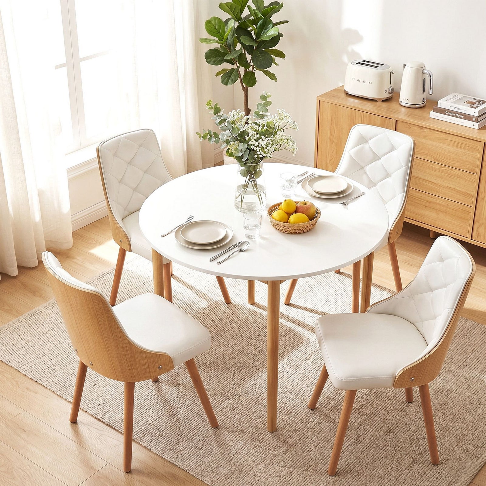5‑Piece Round Dining Set – 108cm Table + 4 PU Leather Chairs, White