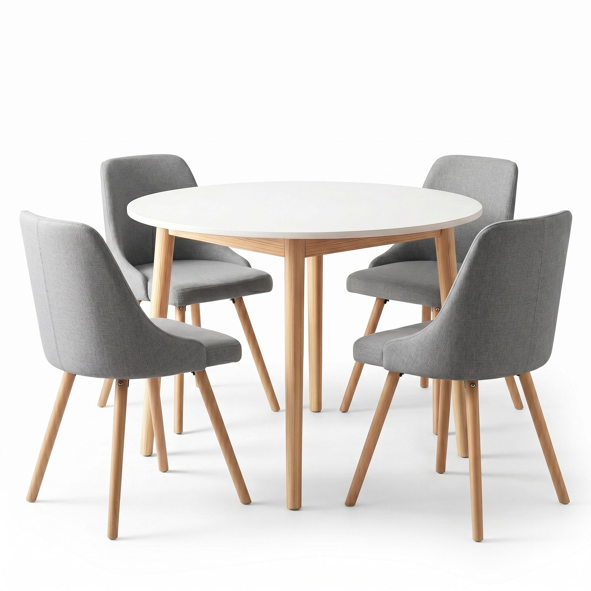 Round Dining Table Set 5‑Piece – White/Natural Wood & Grey Fabric Chairs