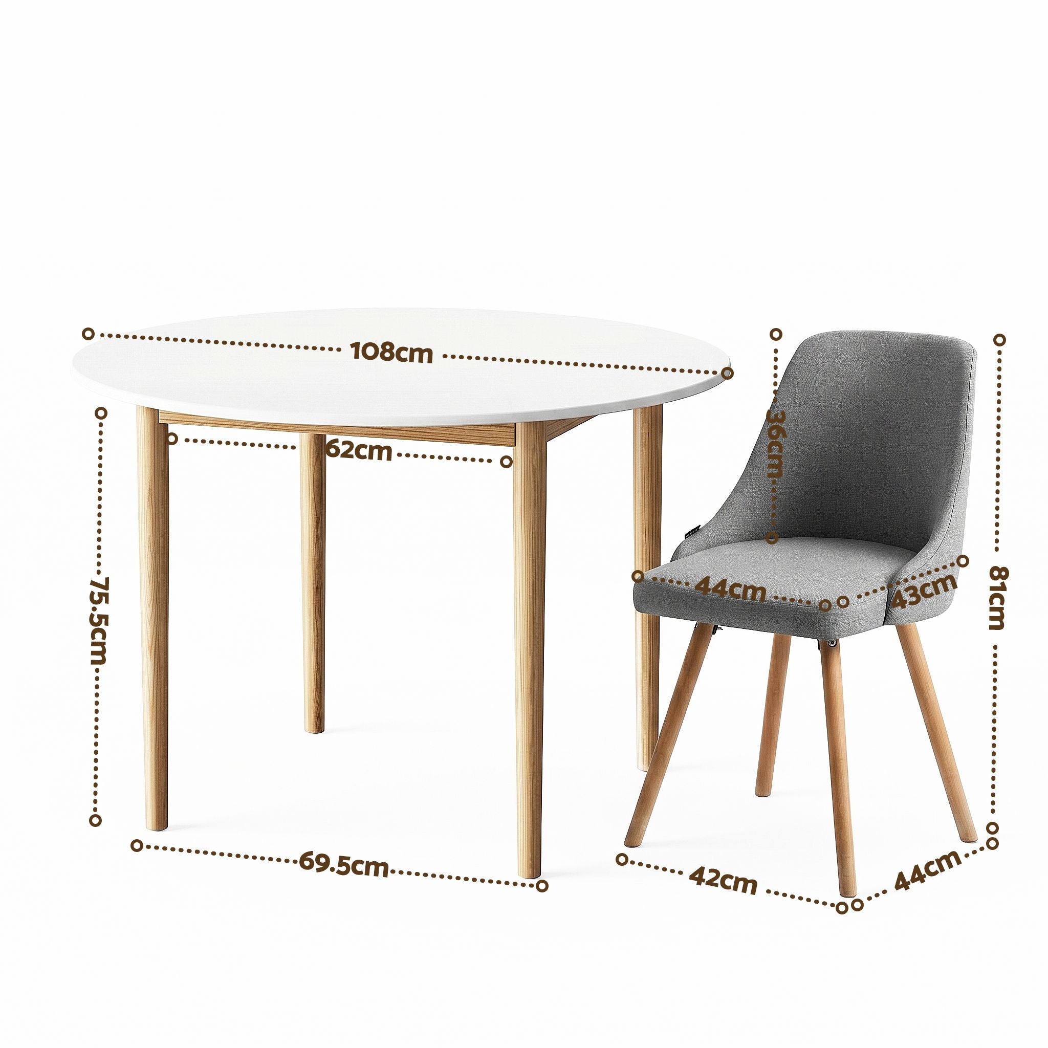Round Dining Table Set 5‑Piece – White/Natural Wood & Grey Fabric Chairs