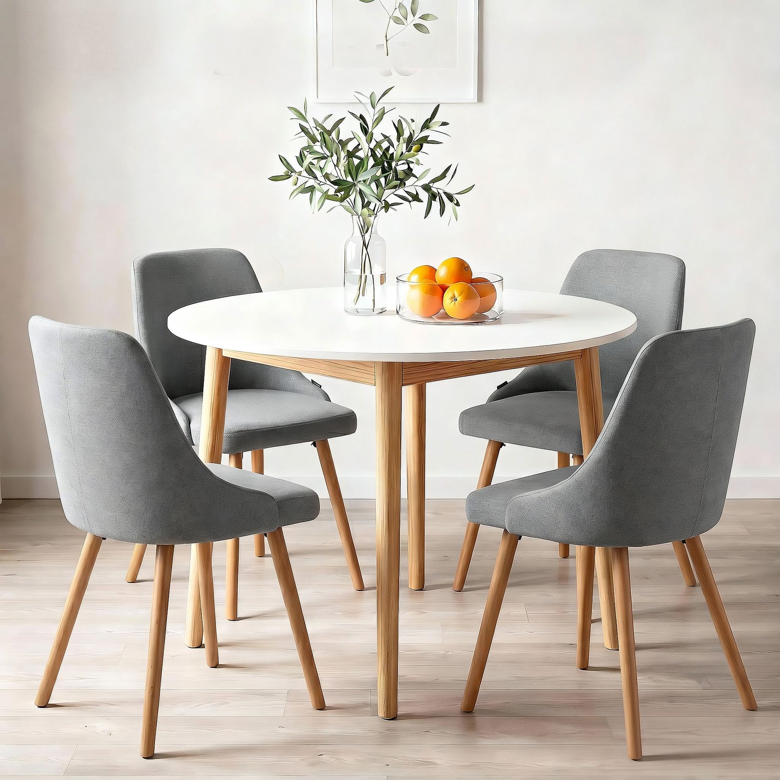 Artiss Round Dining Table Set 5‑Piece – White/Natural Wood & Grey Fabric Chairs