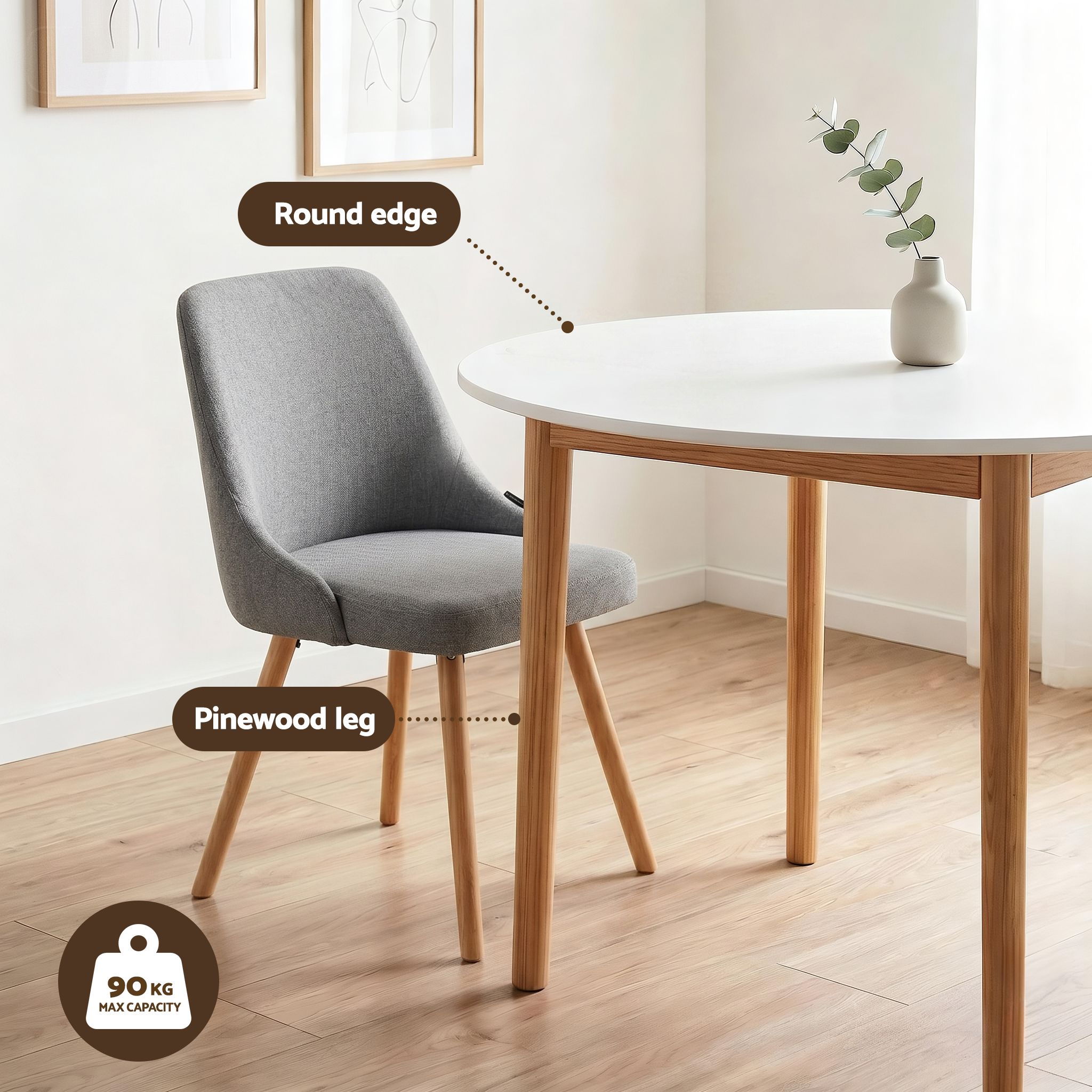 Round Dining Table Set 5‑Piece – White/Natural Wood & Grey Fabric Chairs