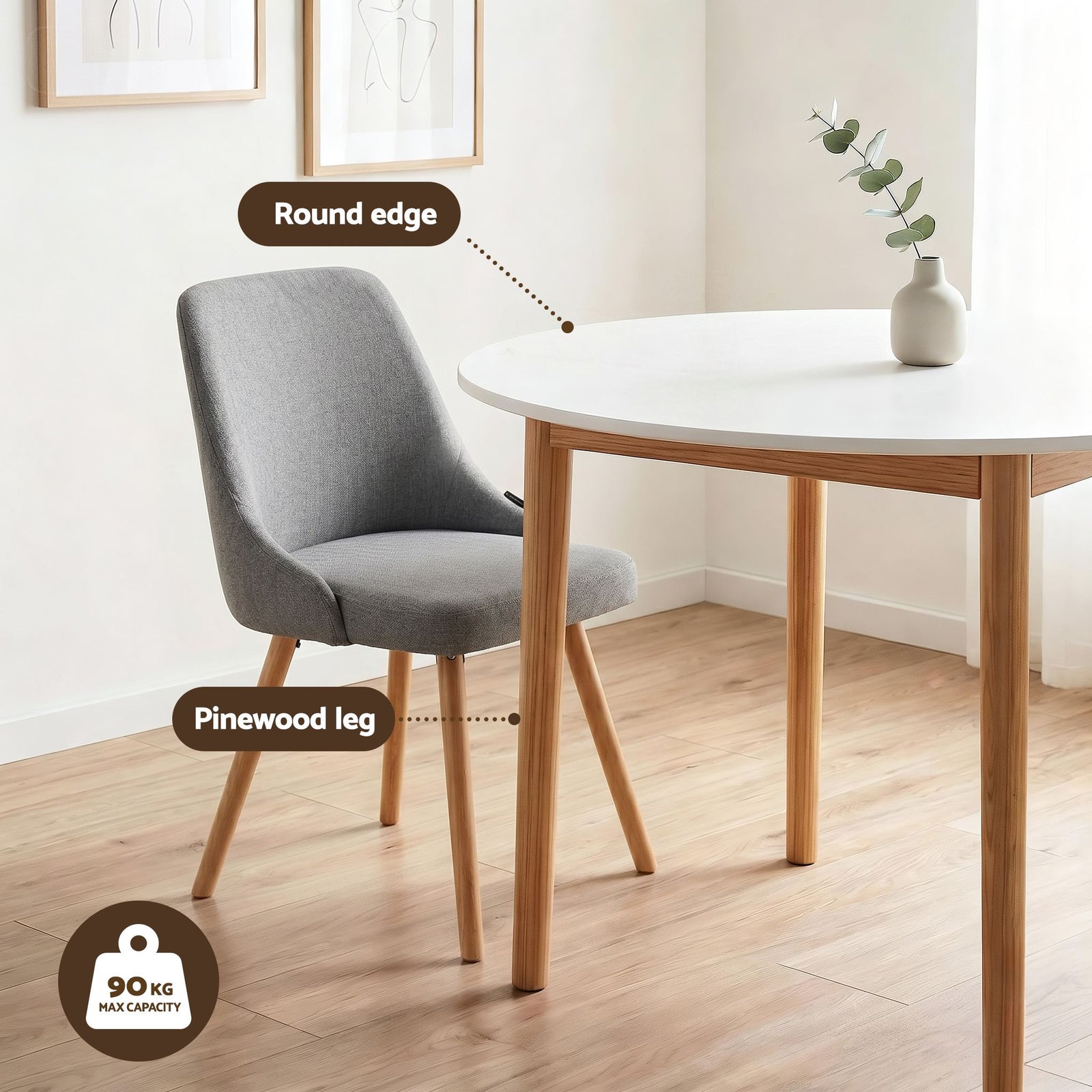 Artiss Round Dining Table Set 5‑Piece – White/Natural Wood & Grey Fabric Chairs