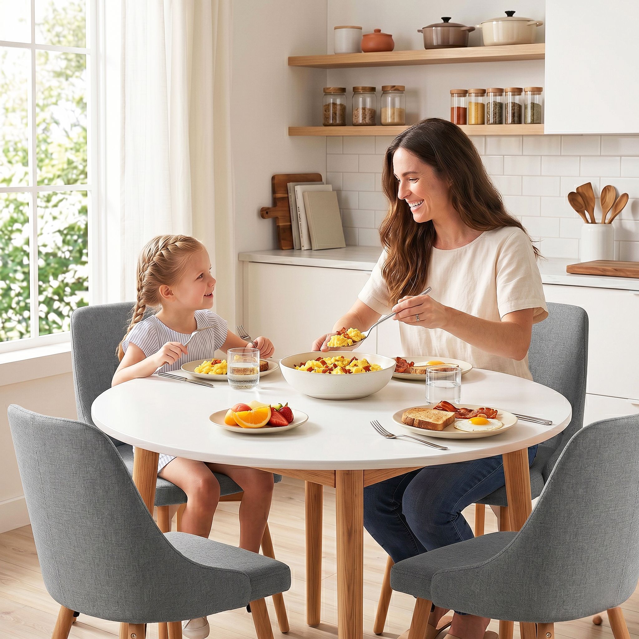Round Dining Table Set 5‑Piece – White/Natural Wood & Grey Fabric Chairs