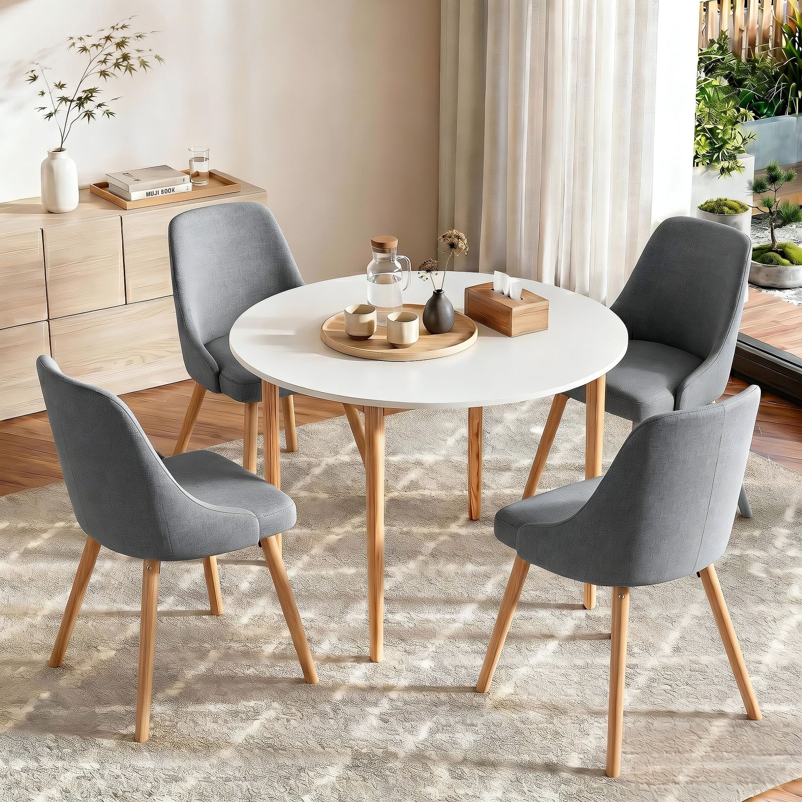 Artiss Round Dining Table Set 5‑Piece – White/Natural Wood & Grey Fabric Chairs