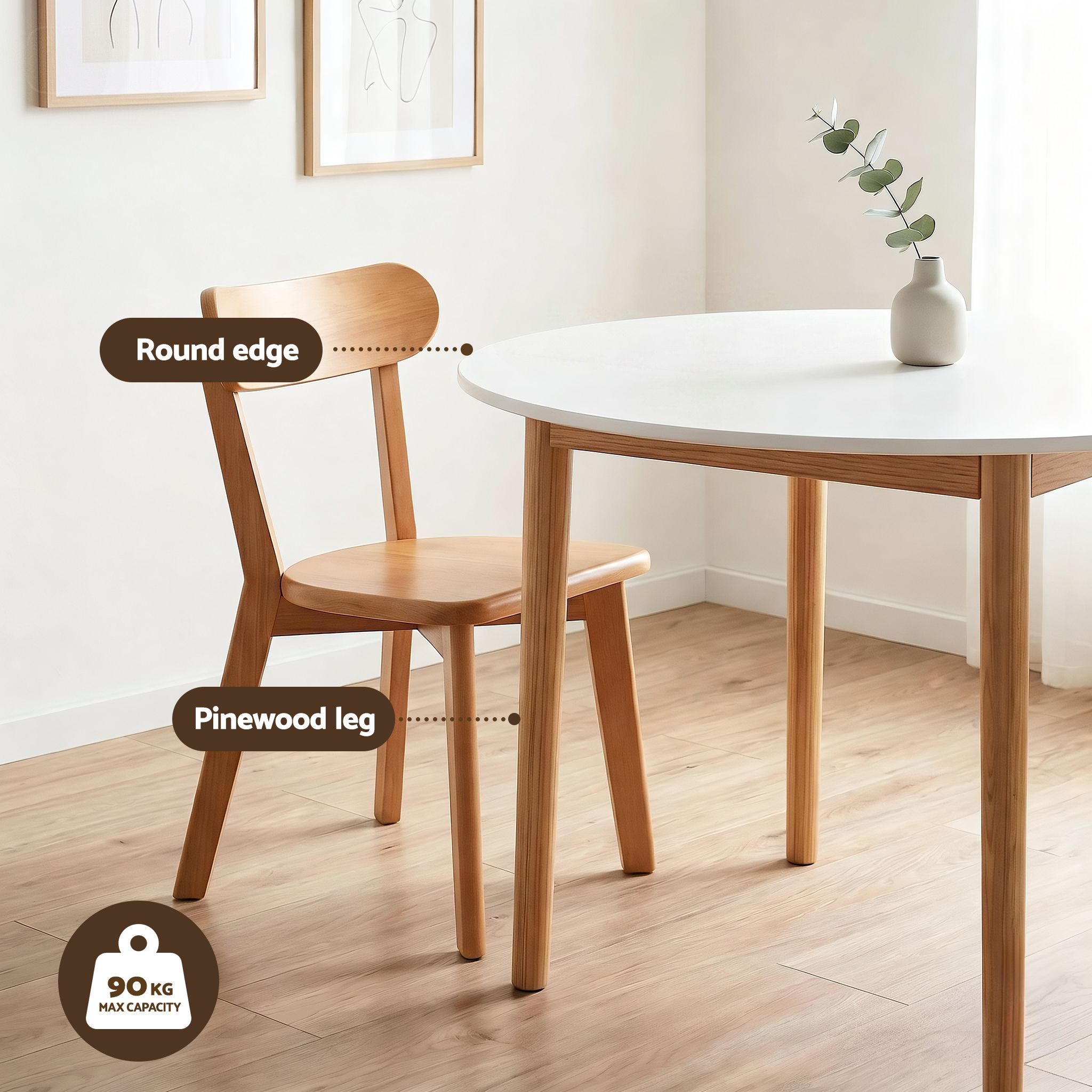 Round Dining Table and Chairs Set 5 PCS, 108cm Compact Kitchen Table Set with Solid Pine Wood Legs & 4 Ergonomic Rubber Wood Chairs,White Timber Dining Set for Small Space